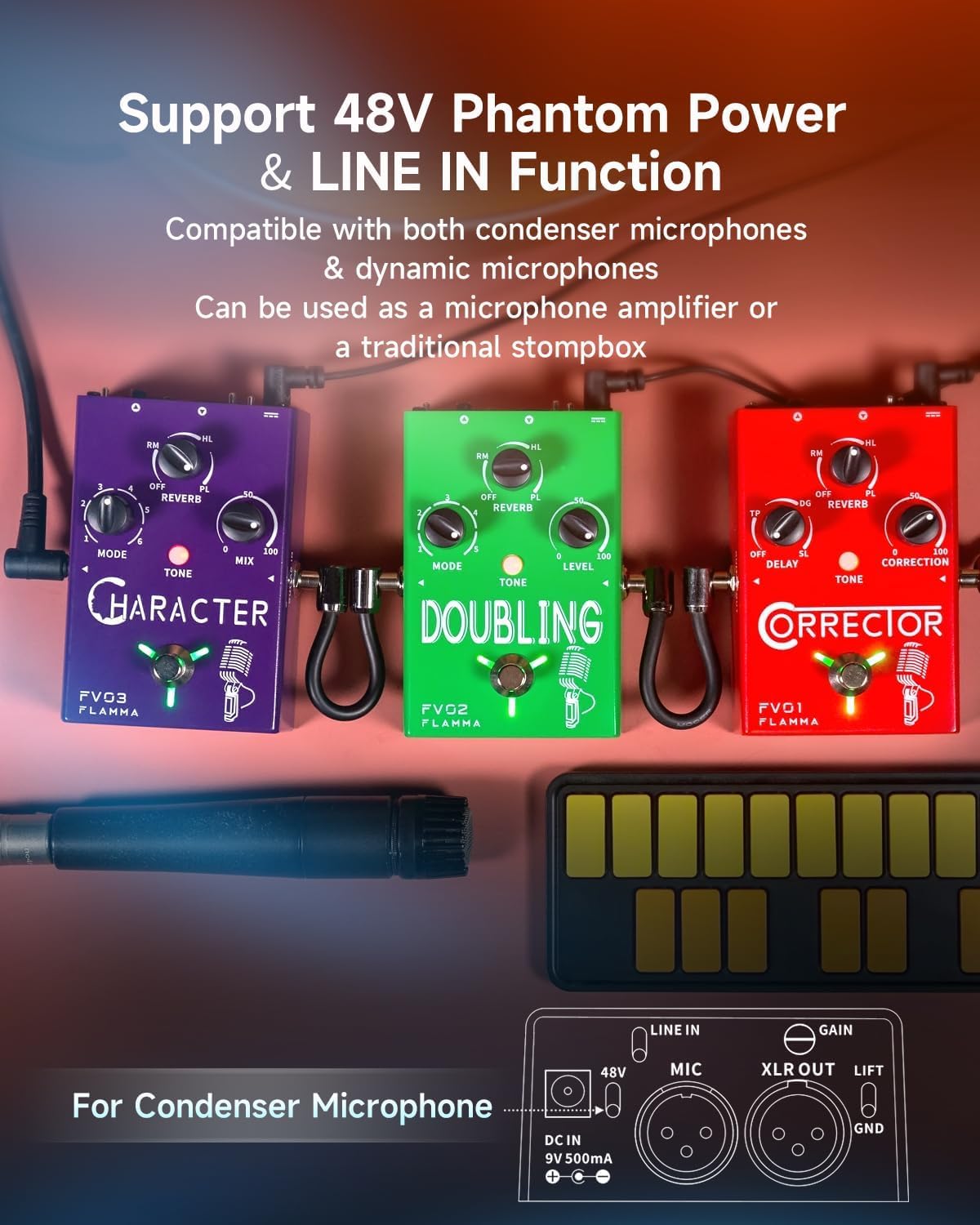 Para FLAMMA FV01 - Procesador de efectos vocales con corrección de tono, pedal de voz, amplificador de micrófono para cantante en vivo, grabación en streaming con reverberación de retardo, tocar