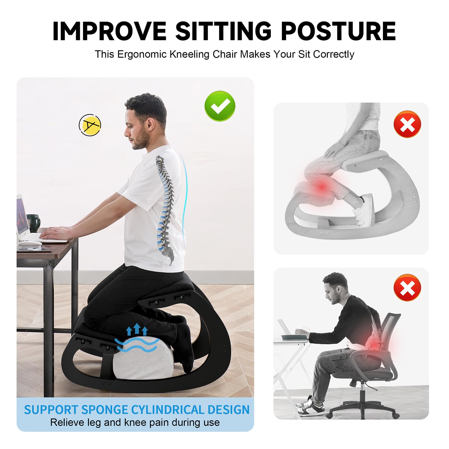 Adjustable Kniestuhl, Ergonomischer Schaukelstuhl aus Holz - Verbessern Sie Ihre Körperhaltung mit einem angewinkelten Sitz für Zuhause, Büro (Black)