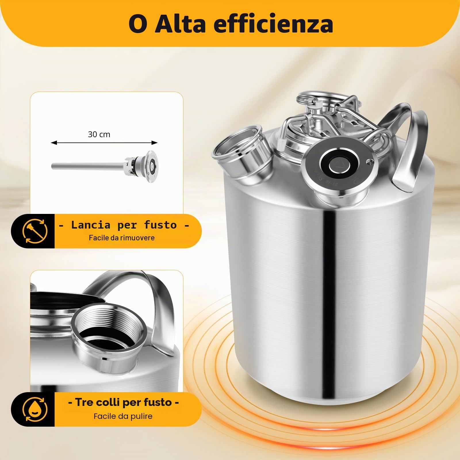 Botte per la pulizia della birra, 10 l, contenitore di pulizia a 3 teste con coperchio, in acciaio inox, con lancia tipo A e S, per impianti di spillatura e spillatrice di birra