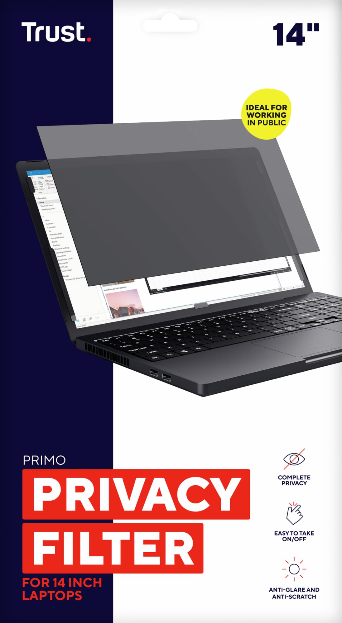Trust Primo 14-calowa osłona ekranu laptopa z filtrem niebieskiego światła, kąt widzenia 60°, kompatybilna z ekranem dotykowym, odporna na zarysowania, przeciwodblaskowa osłona ekranu komputera, do