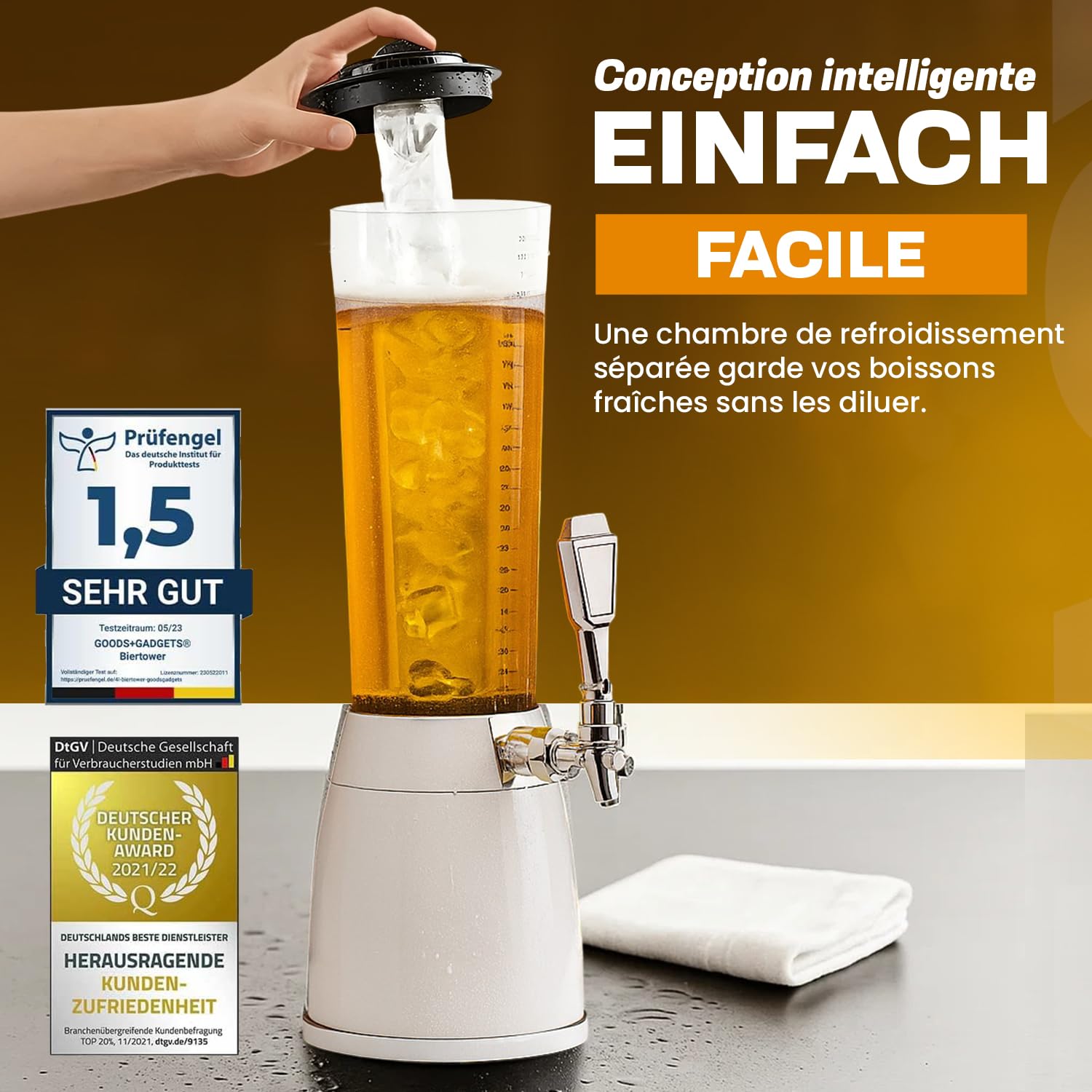 Pompe à bière Girafe 4 litres avec distributeur et système de refroidissement 1,3 L Blanc