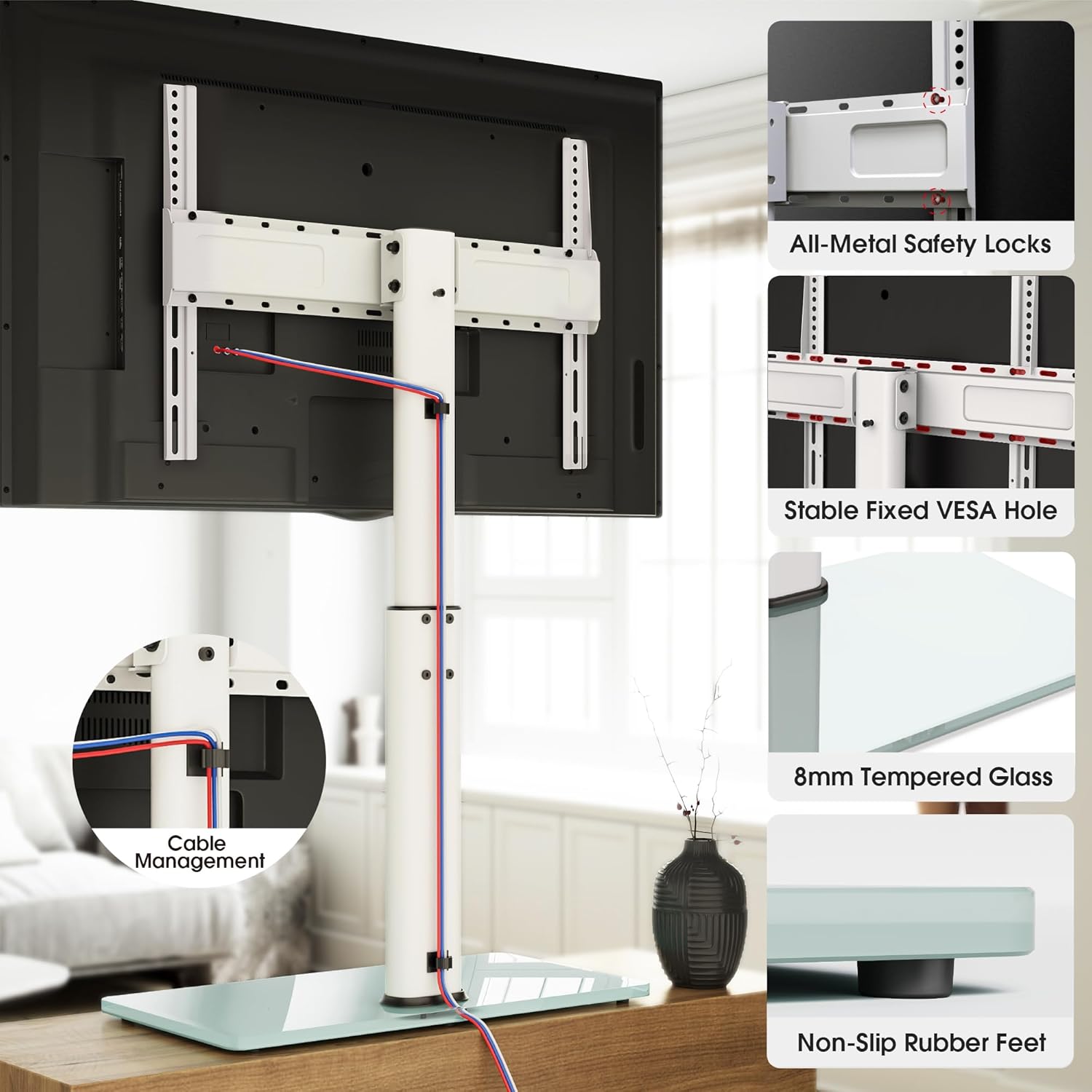 Universal Swivel TV Stand Table Top TV Mount Stand for 43 to 75 80 85 inch TVs, 8 Level Height Adjustable with Tilting, Heavy Duty Tempered Glass Base, Holds up 110lbs, MAX VESA 400x600mm, White