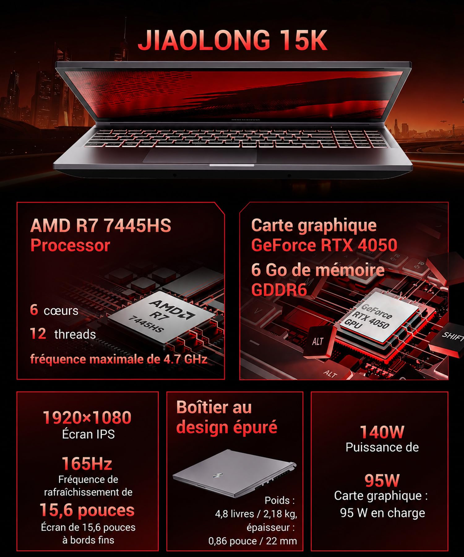 RTX 4050 Gaming Laptop, 15.6" WQXGA 144Hz, AMD Ryzen 7 7445H (12-Core, up to .GHz, 64MB Cache), 16GB DDR5 RAM, 512GB Gen4 SSD (PCIe4.0 Support), Notebook PC Computer