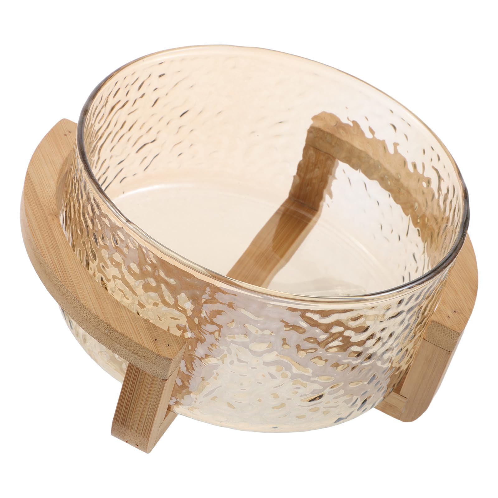 Bol de Ensalada de Vidrio con Efecto de Ondas de Agua y Soporte Seguro de Bambú Dorado, Elegante y Funcional para Uso Diario y Fiestas, Tamaño 21x17.5x10cm