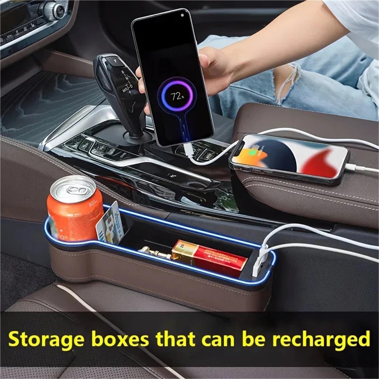 Organizer do schowków samochodowych z funkcją wypełniania przestrzeni między siedzeniami, zmieniający kolor, z diodami LED i 2 ładowarkami USB(1pcs Left Black)