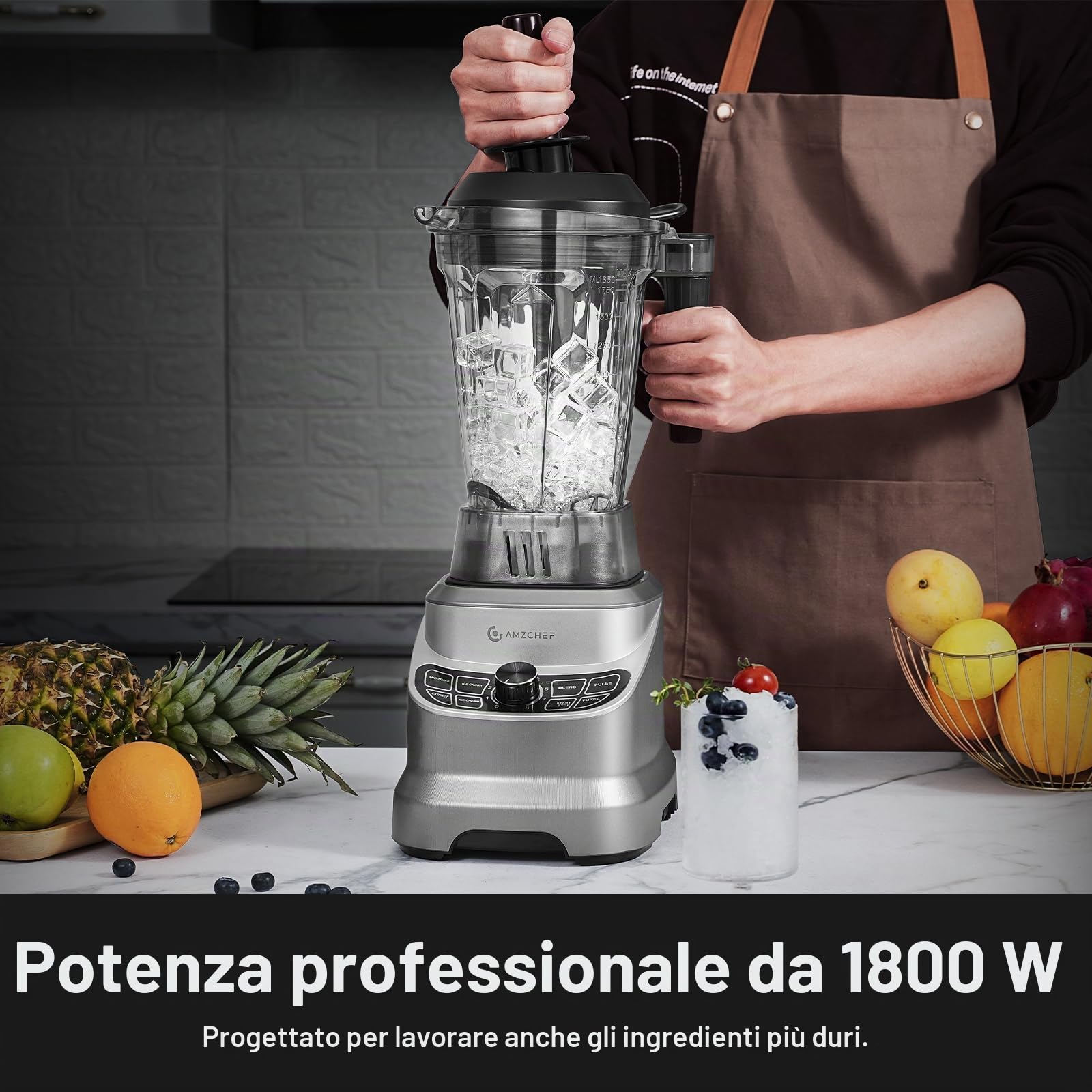 AMZCHEF Frullatore Tritatutto Multifunzione con 8 Velocità Selezionabili, Frullatore Professionale 1800W, Blender 1,85 Litri per Frullati, Smoothie, Tritaghiaccio, Frutta Congelata, Frutta Secca