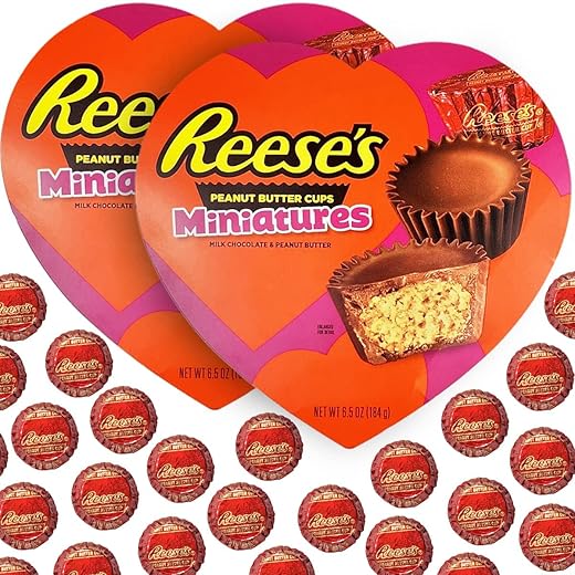 ReesesValentines Day Candy – 6.5oz Peanut Butter Cups Miniatures – Delicious Heart Candy in Valentine’s Day Chocolate Box – Great for Girlfriend, Partner, Assorted Chocolate Valentines Box (2 Pack)