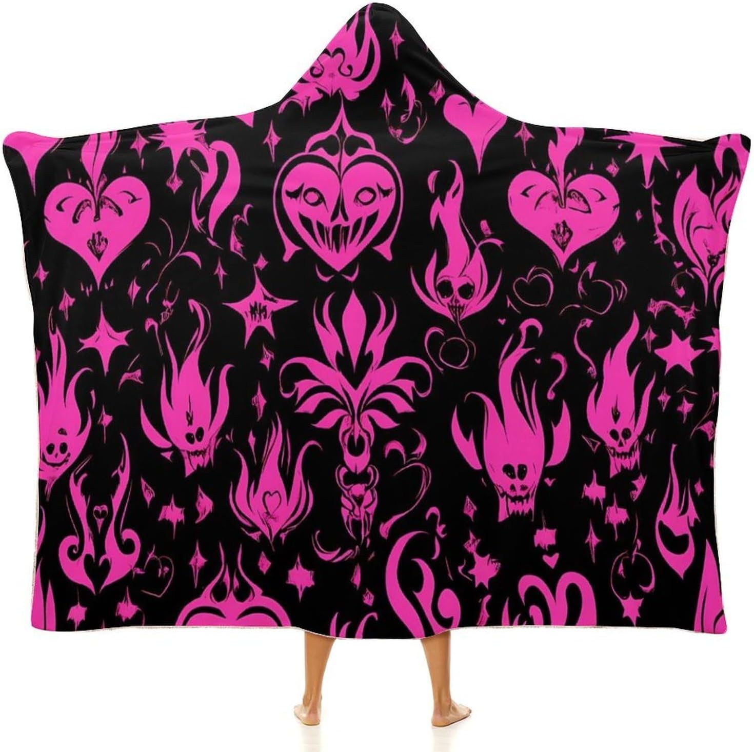 Gothic Hearts Flames Star Y2k Fashion Wearable Blanket Hoodie Fleece Throw Cloak Robe Unisex