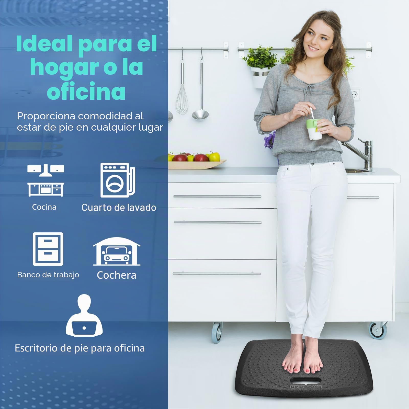 Tapete de Cocina Antifatiga Cómodo con Mango Integrado y Puntos de Masaje - Multiusos para Estar de Pie en Escritorio y Cocina (17 x 22)