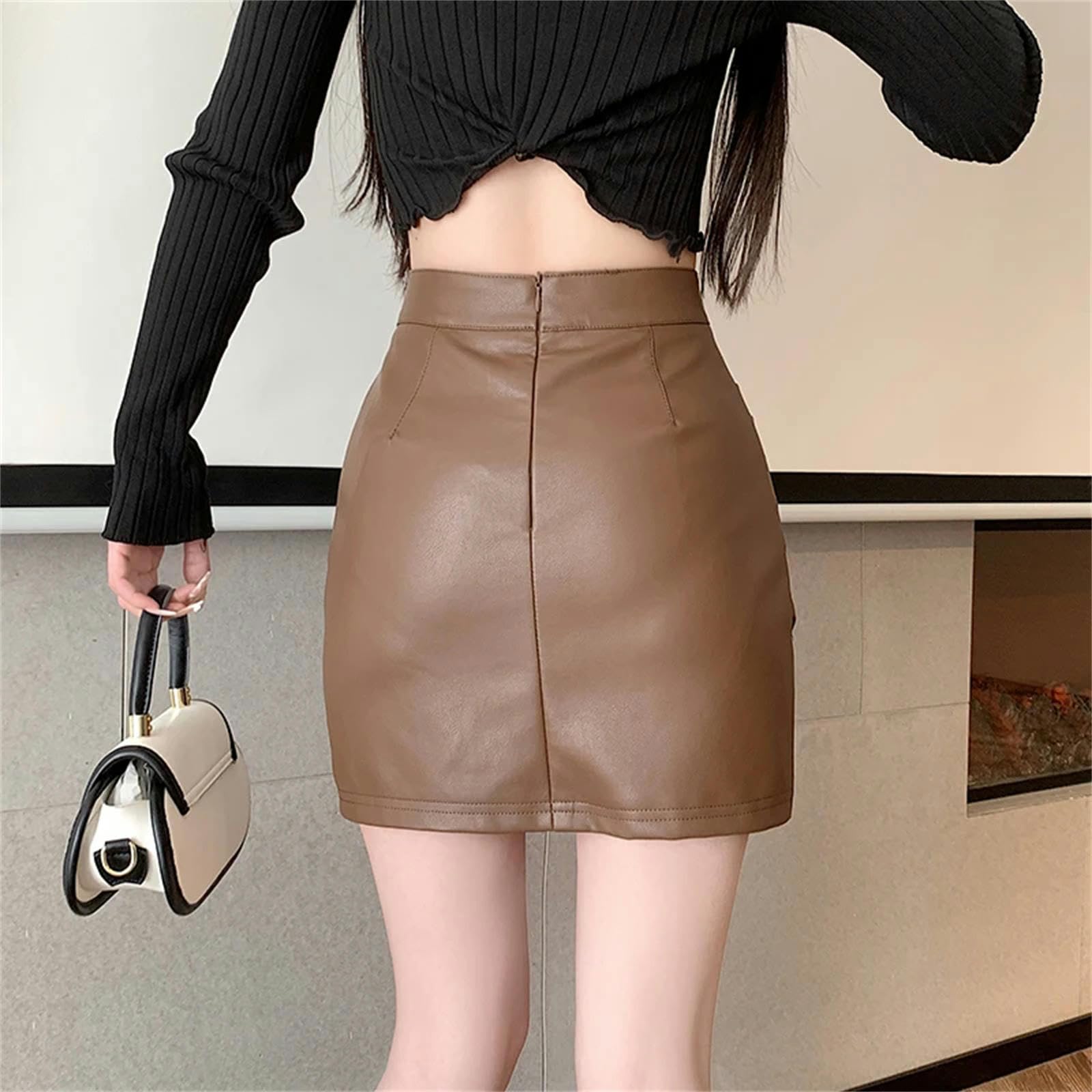 Gonna Lunga Donna Estate Mini Gonna in Pelle Sottile in Pelle Alta per Donne A Autunno Casual Matita-caffè-S