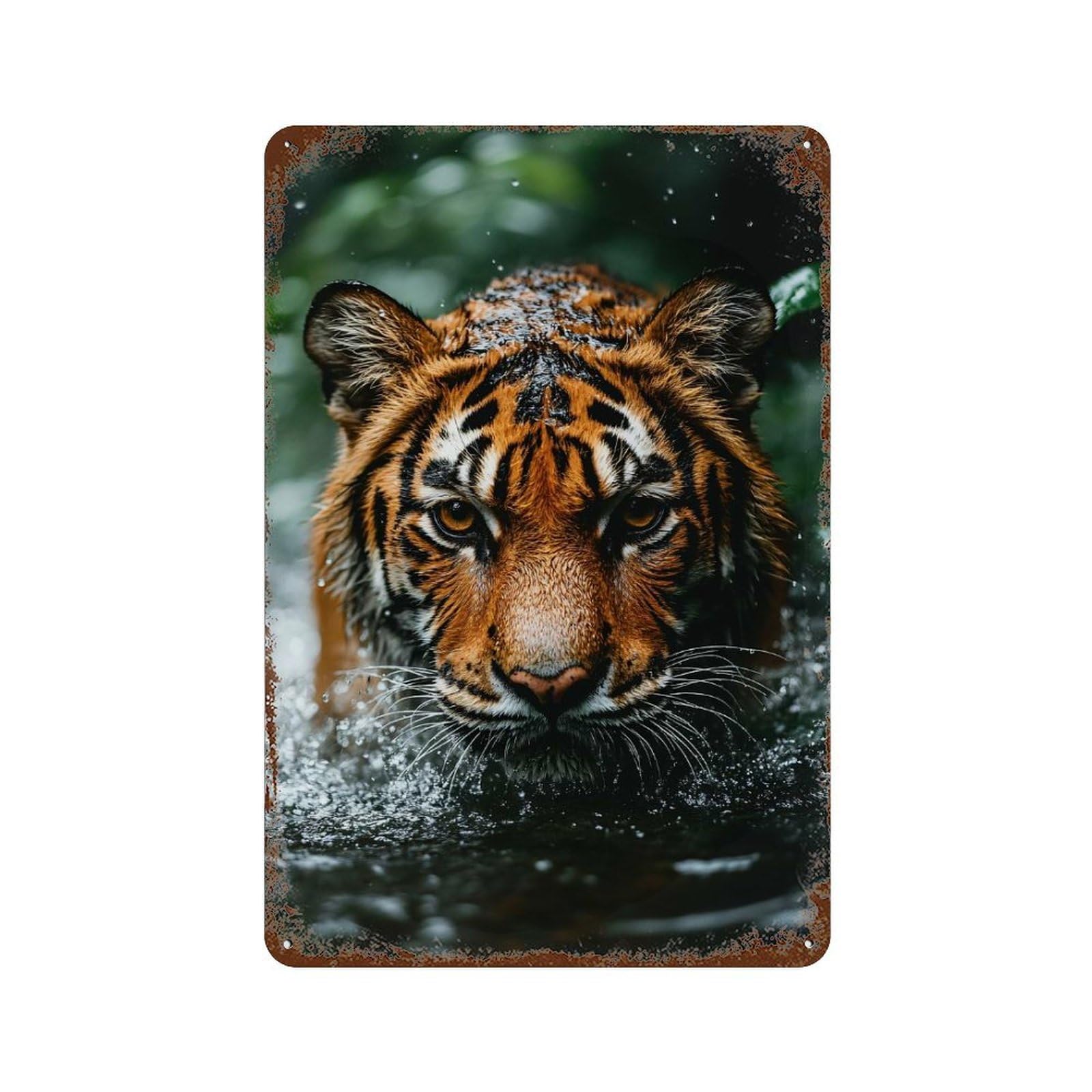 Garage Style Tiger in Water Distressed Metal Wall Sign 11.8"x7.9", Shabby Chic Decor for Bar And Workshop