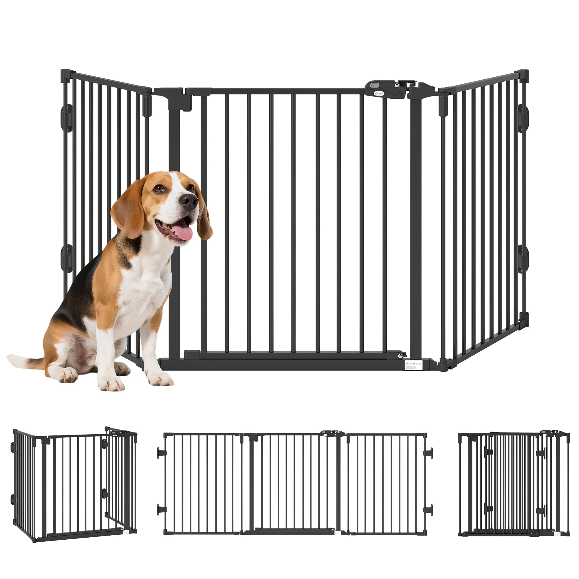 PawHut Barrera de Seguridad para Perros 202,5 cm Valla para Perros Plegable Rejilla de Protección de Chimenea con Puerta Auto Cierre para Escalera Pasillo Negro