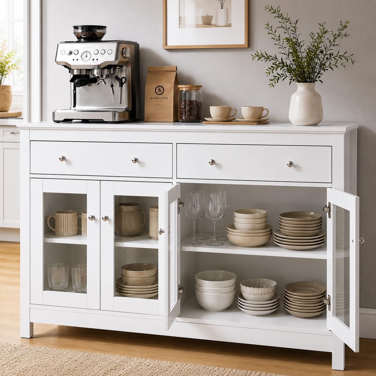 Aparador Blanco de Cocina, Mueble Auxiliar Moderno con Puertas de Vidrio y Alacena Grande con Cajones para Salón o Comedor 140x40x90.7cm
