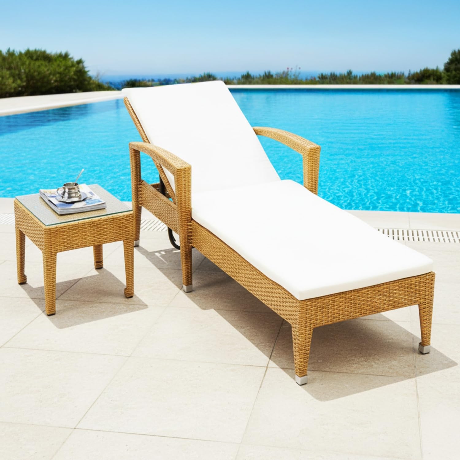 DEVOKO Outdoor Patio Chaise Lounge Chair with Water Resistant Cushions and Matching Table with Glass Top for Garden, Pool, Beach, Yard, Deck (Beige & White)