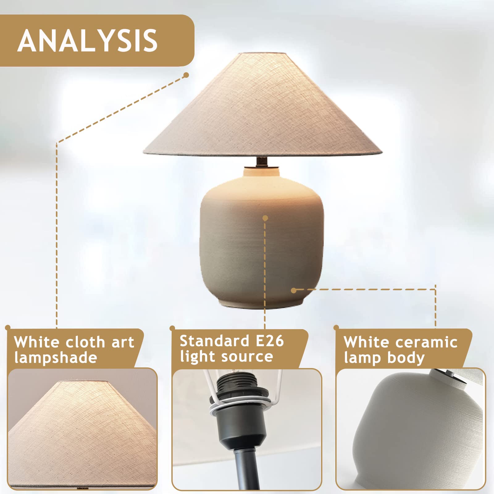 Lampada da tavolo in ceramica bianca con paralume in tessuto beige singola E26 Base interruttore a pulsante Flicker illuminazione libera per camera da letto soggiorno studio scrivania deco