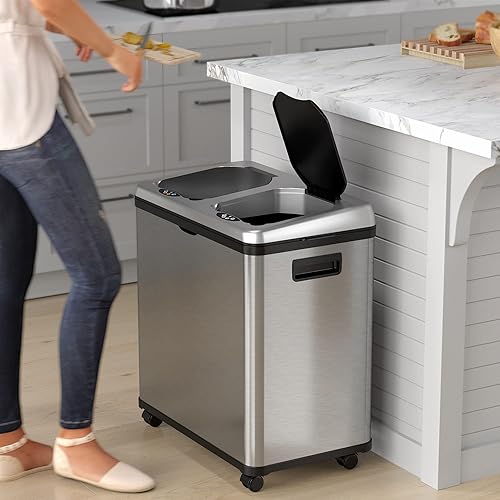 Miniatura 5 de iTouchless Cubo de basura de acero inoxidable de 16 galones / 60L con sensor de doble compartimento para cocina y cubo de reciclaje con ruedas, cubo