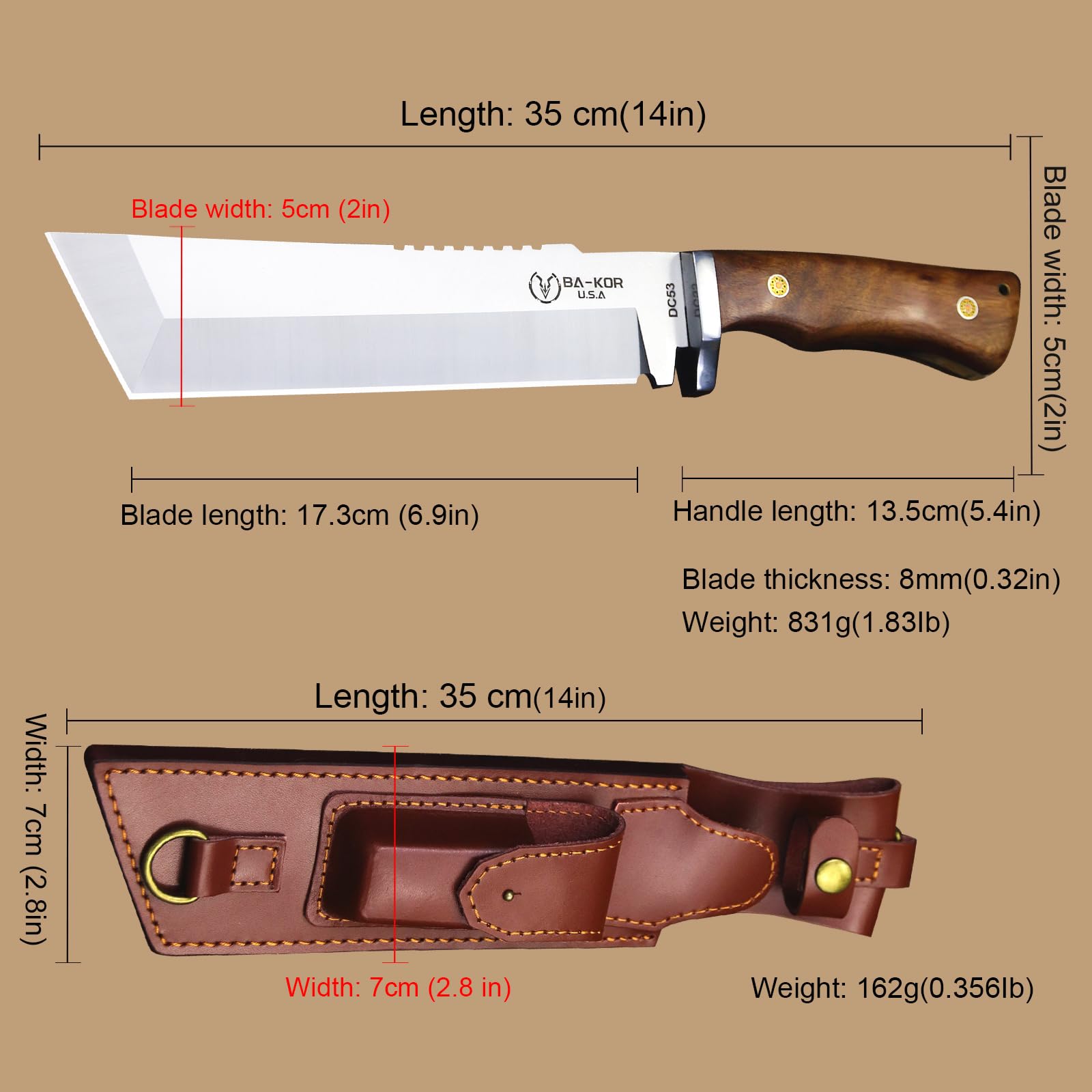 BA-KOR 8mm DC53 steel (14IN) full Tang fixed knife+scabbard+(single shoulder strap)&(5.9IN) cerium igniter&folding pocket knife, suitable for outdoor hunting, camping, survival, EDC tool knife
