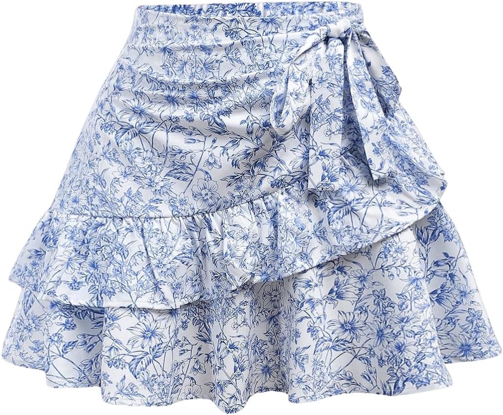 GORGLITTER Girl's Floral Bow Mini Skirt Cute Casual Wrap Tie Side Ruffle Summer Beach Short Skirts Preppy Clothes