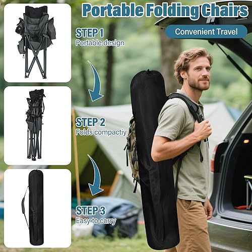 Miniatura 7 de Sillas de campamento de respaldo alto de gran tamaño con almohada, soportes dobles para tazas y bolsa enfriadora, silla plegable resistente al aire