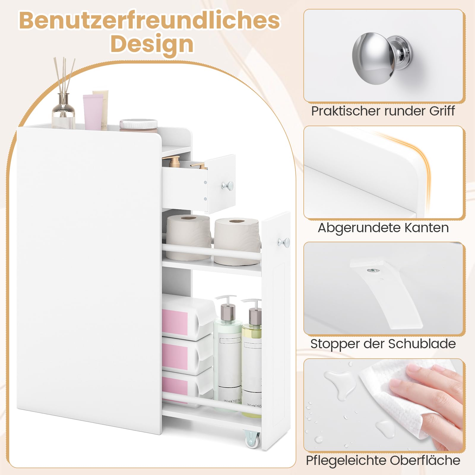 COSTWAY Nischenschrank, Badschrank mit Schublade & Rollen, Badezimmerschrank klein, Aufbewahrungsschrank Holz, Seitenschrank für kleine Räume (Weiß)