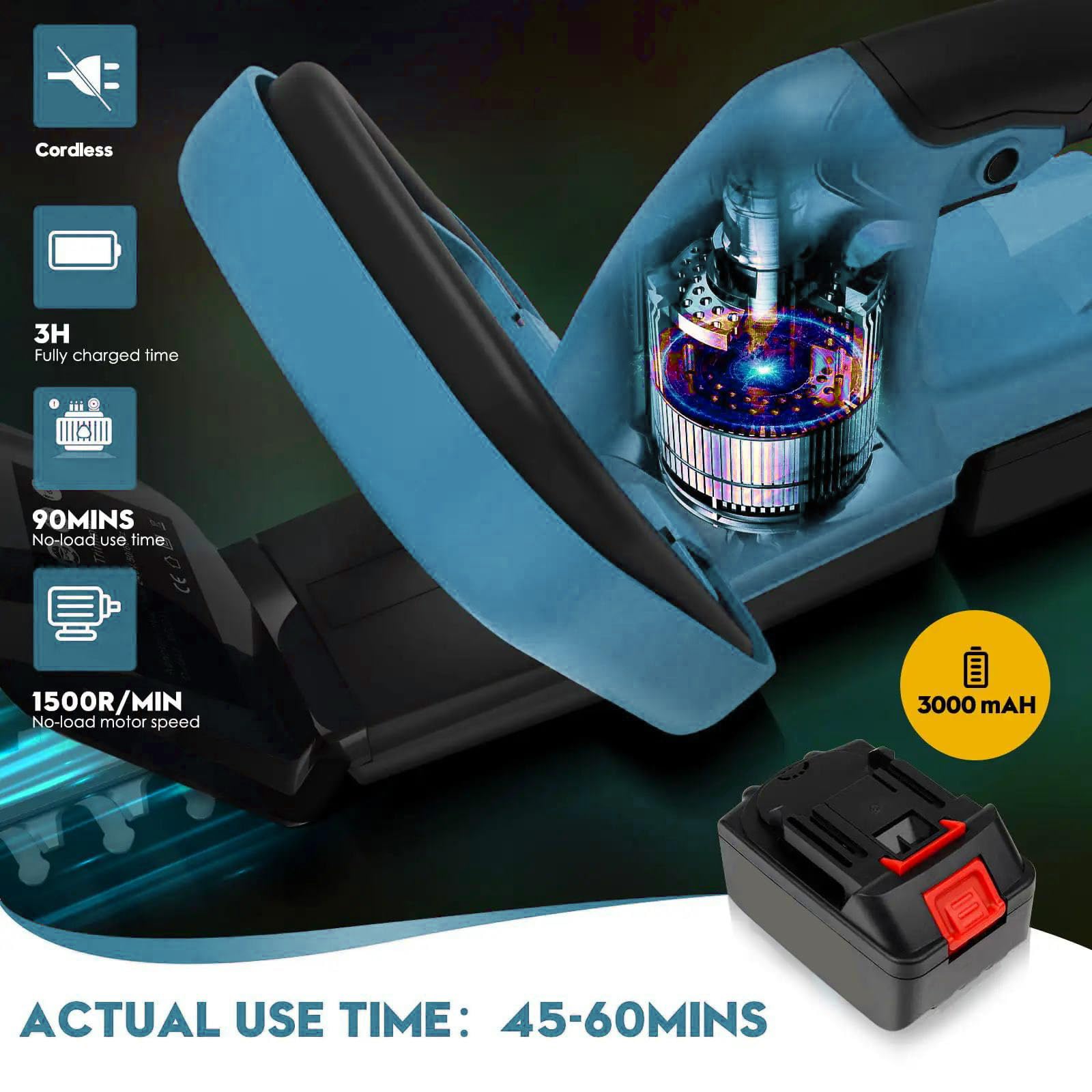 Taille-haie Sans Fil 21V – 20 Pouces, Lame 22 Pouces, 2 Batteries 1500 MAh, Espacement 15 Mm, Pour Jardin Et Arbustes