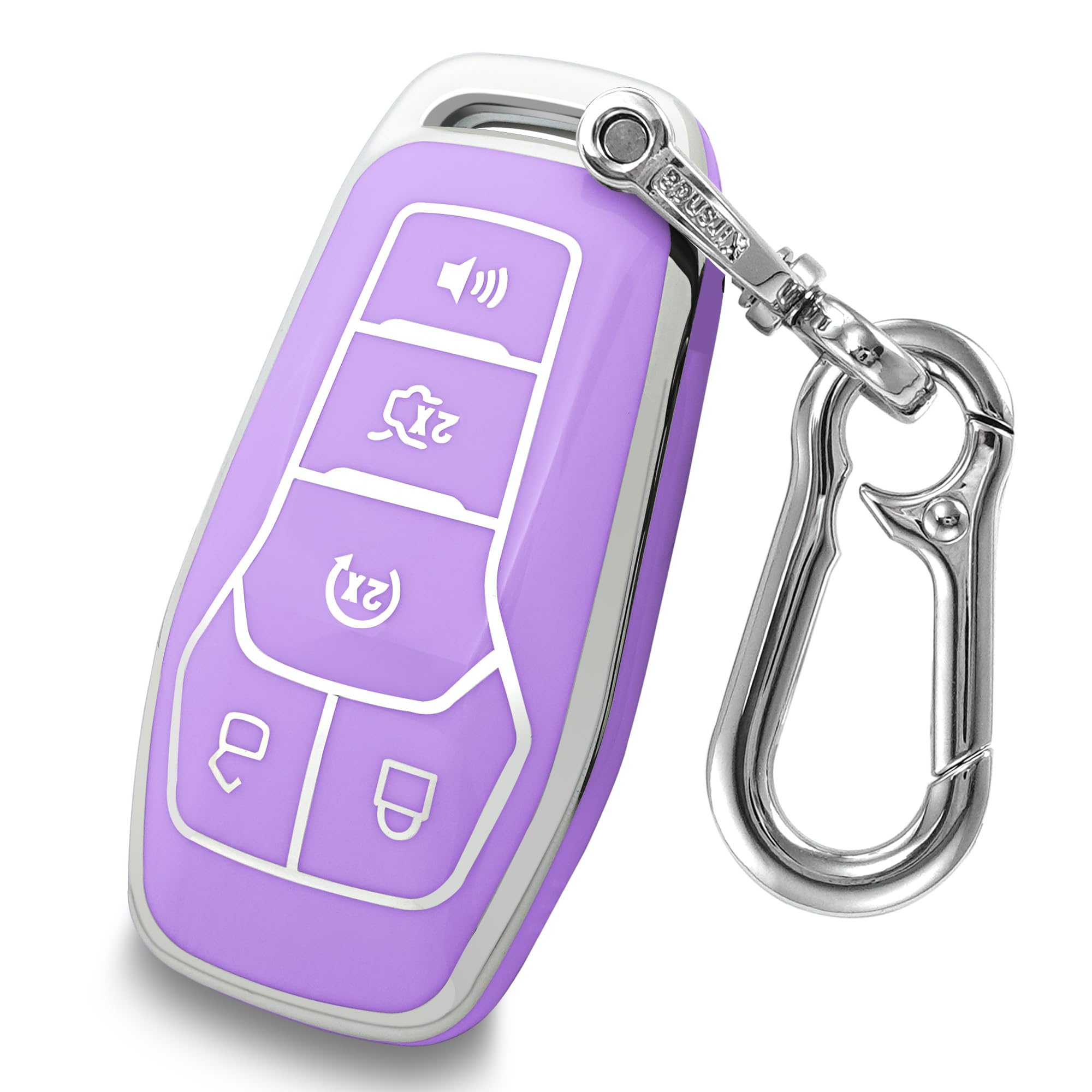 Key fob Cover case with Metal Keychain Compatible with Ford and for Lincoln,Soft TPU Key case fit Expedition for Mustang Fusion ect, Smart Remote Key,5 Buttons Silver Purple