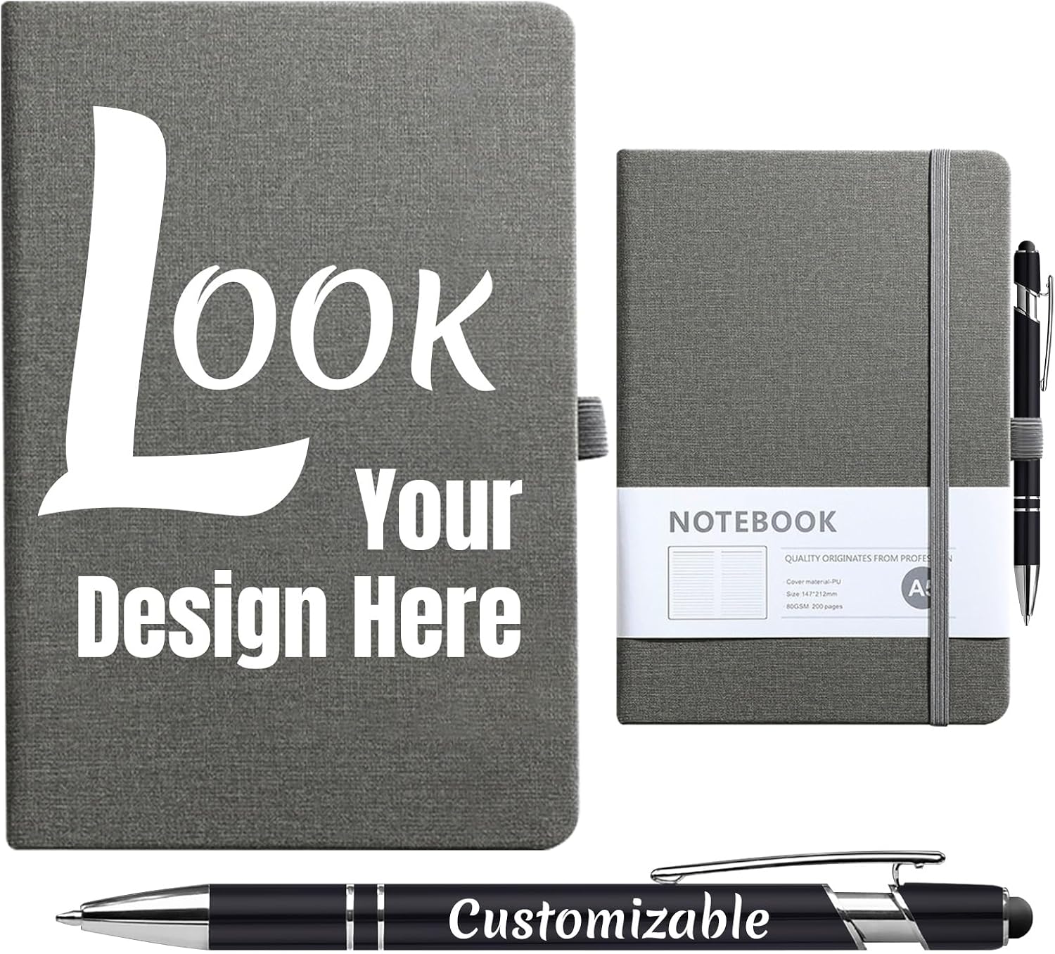 Custom Notebook and Personalized Ballpoint Pen Set, Customizable A5 Journal with Personalized Engraved Logo/Text/Image, 192 Pages, 8.3 x 5.8 Inches, Grey