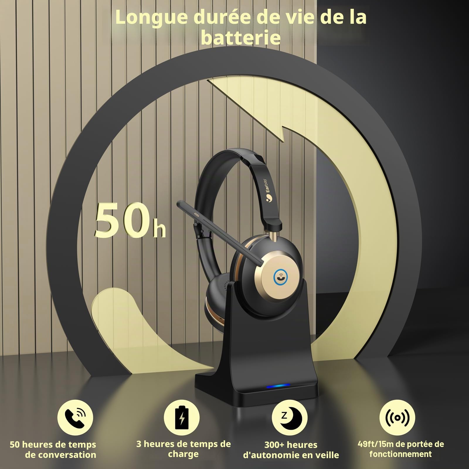 Casque Bluetooth sans fil avec microphone, casque supra-auriculaire avec micro antibruit/mute/station de charge/dongle USB, 45 heures, téléphones portables, équipes Skype Zoom