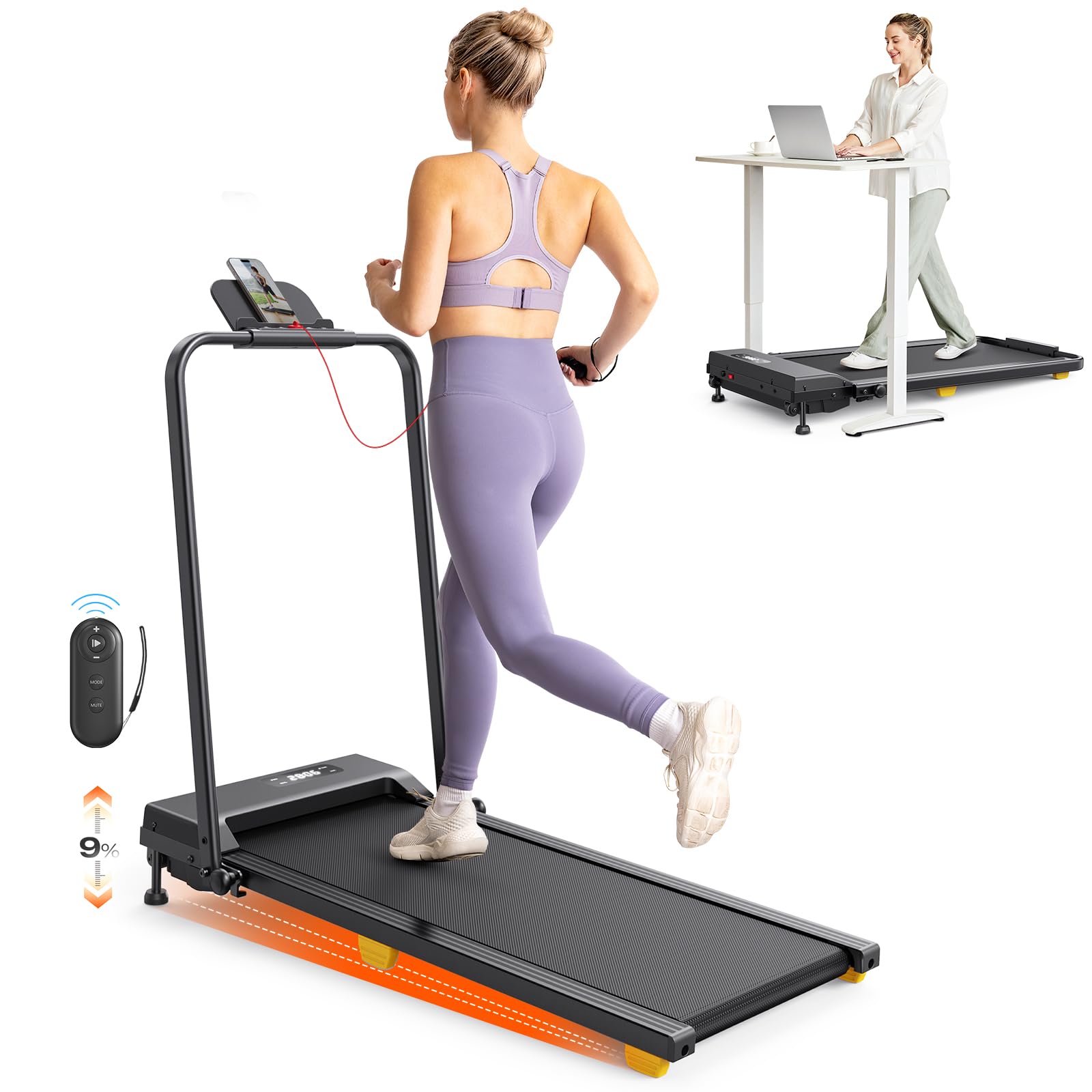 UREVO Cinta de Correr Plegable con Inclinación de 9%, 2.5HP Cinta de Andar Eléctrica Debajo Escritorio, Walking Pad Compacta para casa y Oficina, Modo HIIT de un Toque