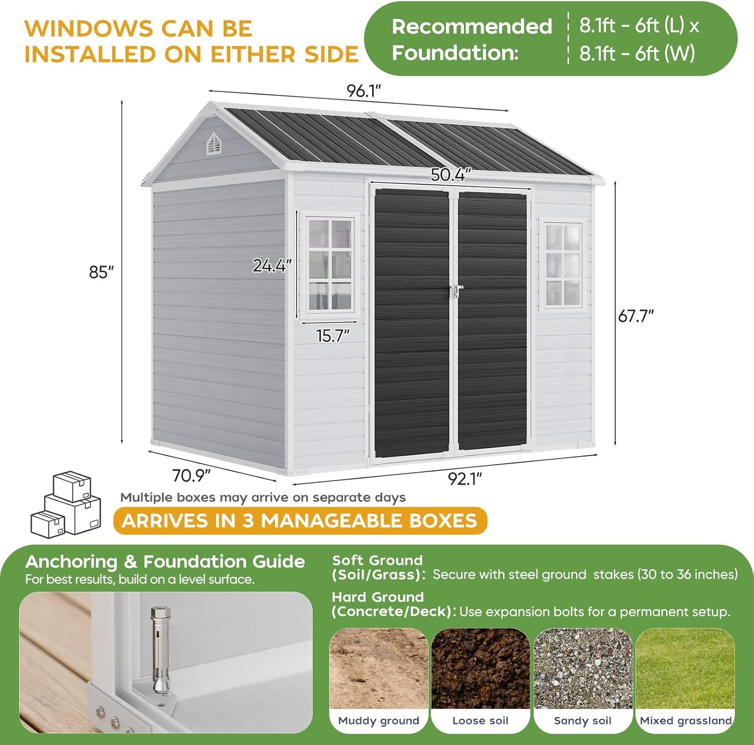 WACASA 8x6 FT Resin Plastic Shed with Floor, Heavy-Duty 21-Gauge Reinforced Steel Frame, 16mm Ultra-Thick Panels, Outdoor Storage Sheds with Awning Windows and Air Vents