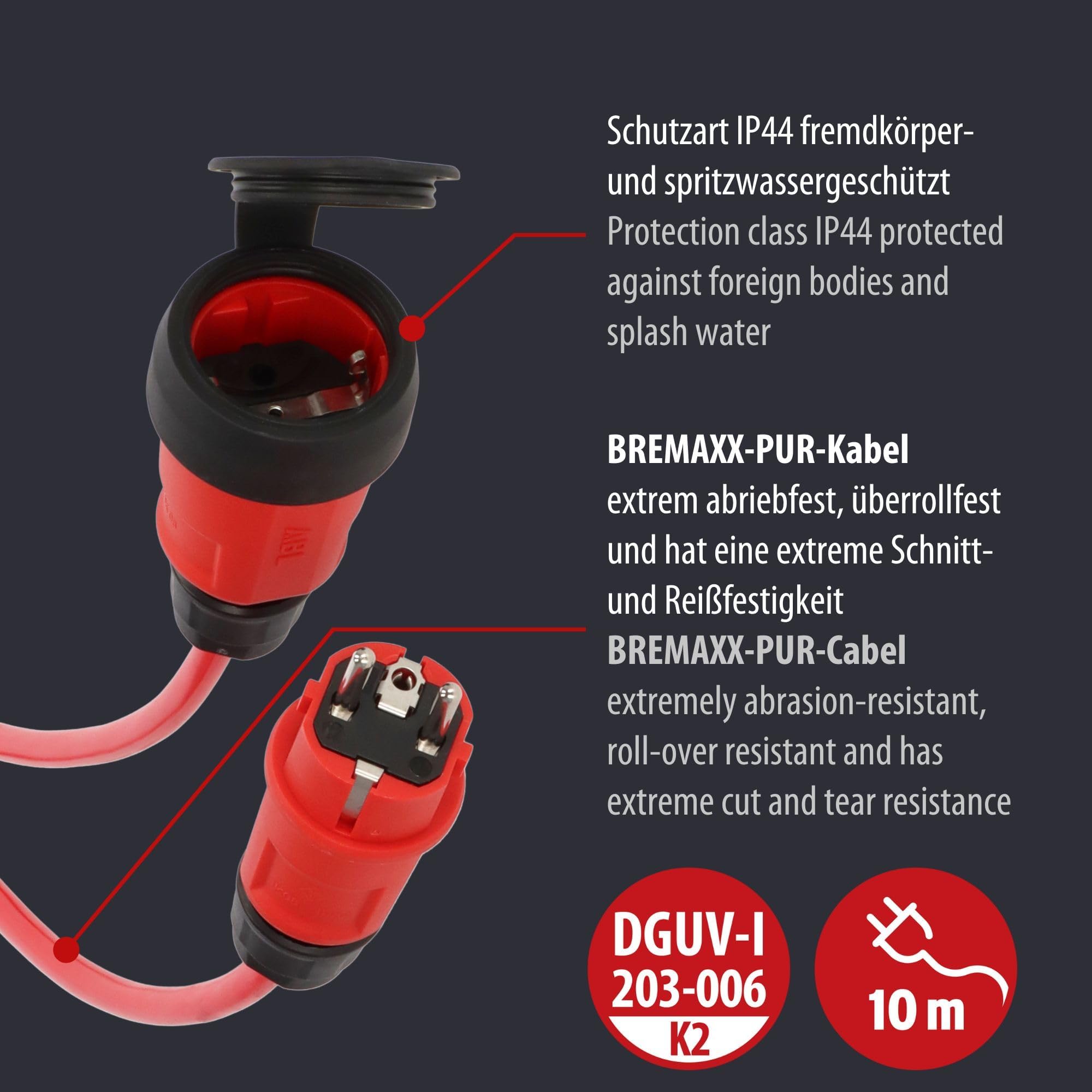 Brennenstuhl Professional Verlängerungskabel VQ 1200 IP44, 10m | Kabel H07BQ-F 3G2,5 in rot, Baustelleneinsatz und ständiger Einsatz im Freien, Made in Germany