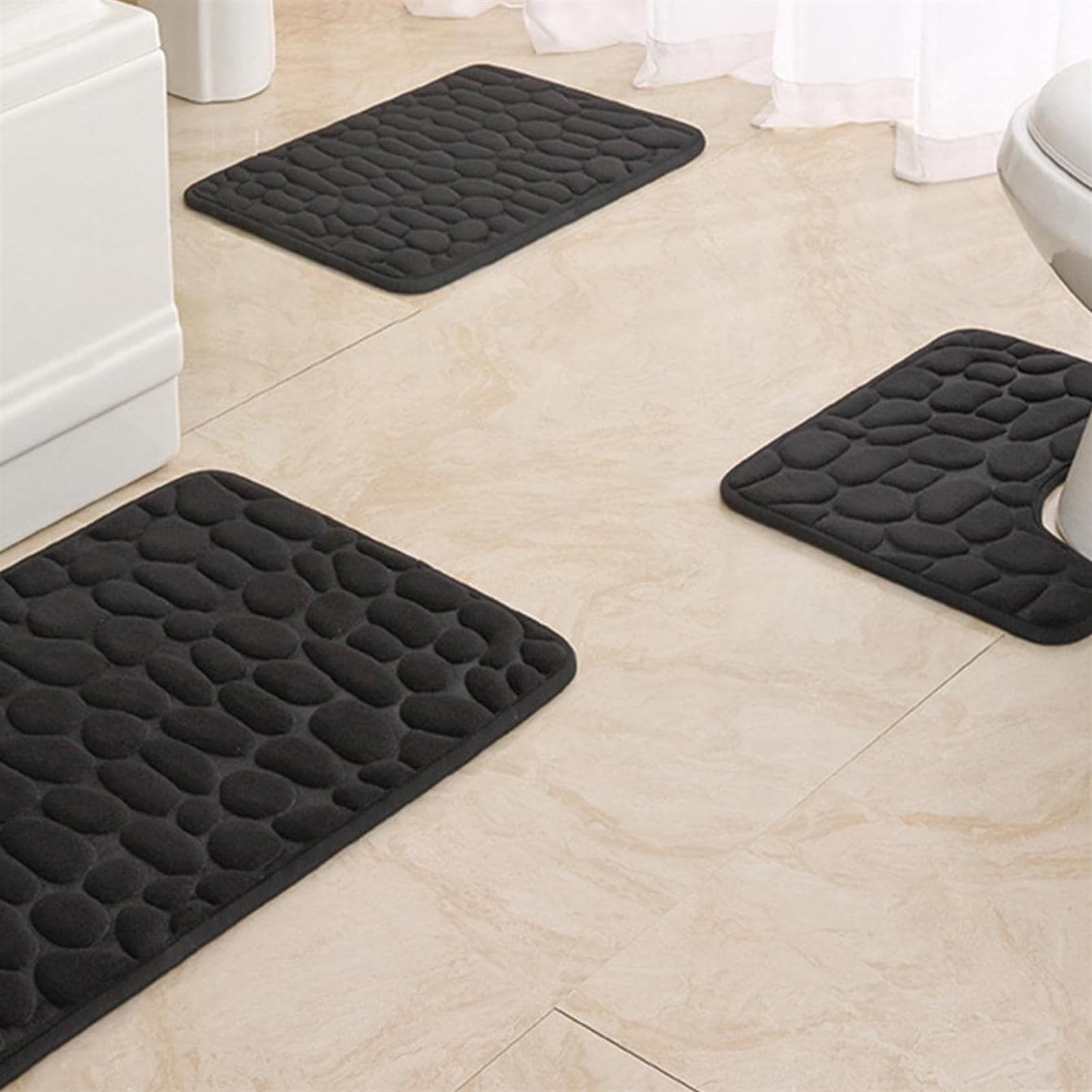 Badematte Sets 3 Stück rutschfest Waschbar Badezimmerteppich Weicher Memory Foam Badteppich Wasserabsorbierend Schwarz