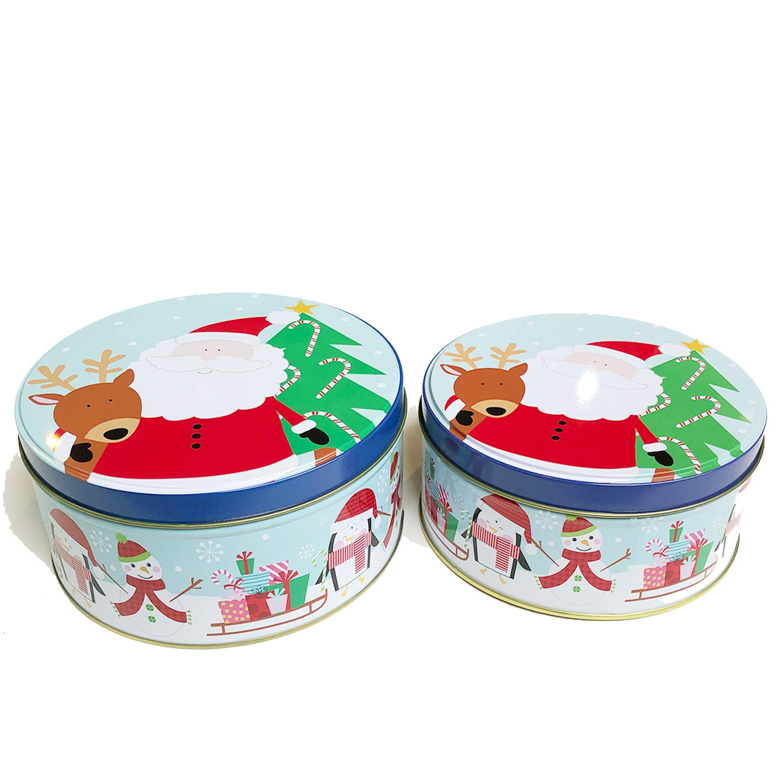 Christmas Cookie Tins with Lids for Gift Giving Empty Candy Snack Box Pastry Treat Swap Metal Round Container for Goodies, Chocolate, Nuts, Cerebrate a Holiday 2 Pack (Santa & Snowman)