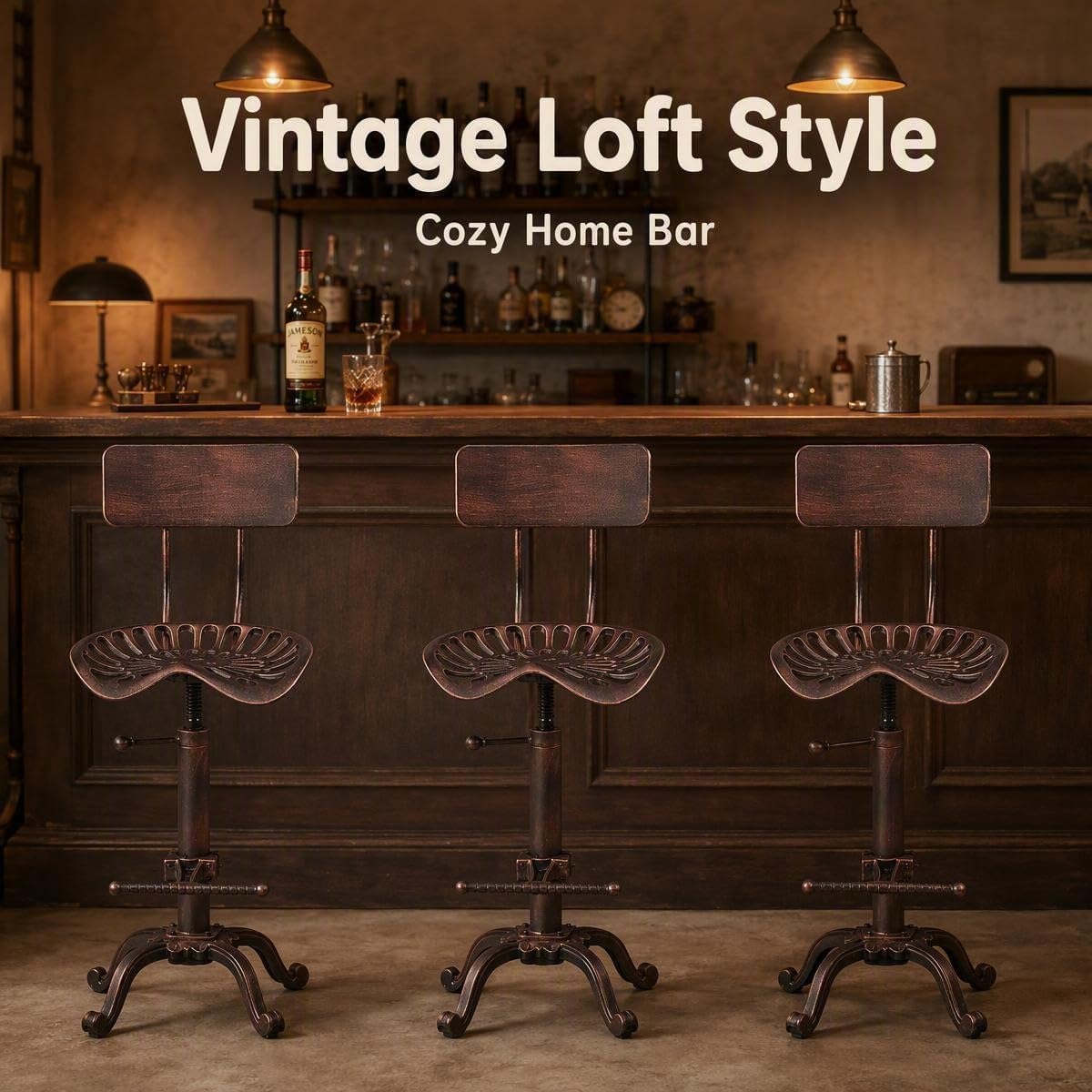 Industrial Tractor Seat Bar Stool 21.6-27.5inch Counter Height Adjustable Rustic Cast Iron Dinner Stool with Backrest and Footrest for Home Kitchen Coffee House