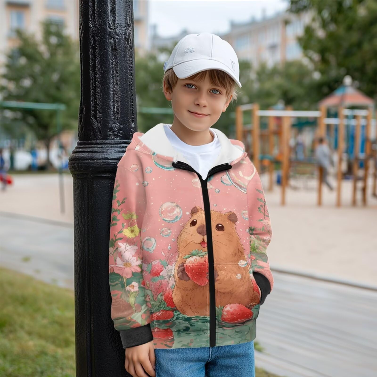 Kwiatowe bluzy z kapturem Caoybara z nadrukiem truskawkowym dla dzieci zamek błyskawiczny przednia bluza jesienno-zimowa kurtka z kieszeniami polarowa podszewka bluza z kapturem, M