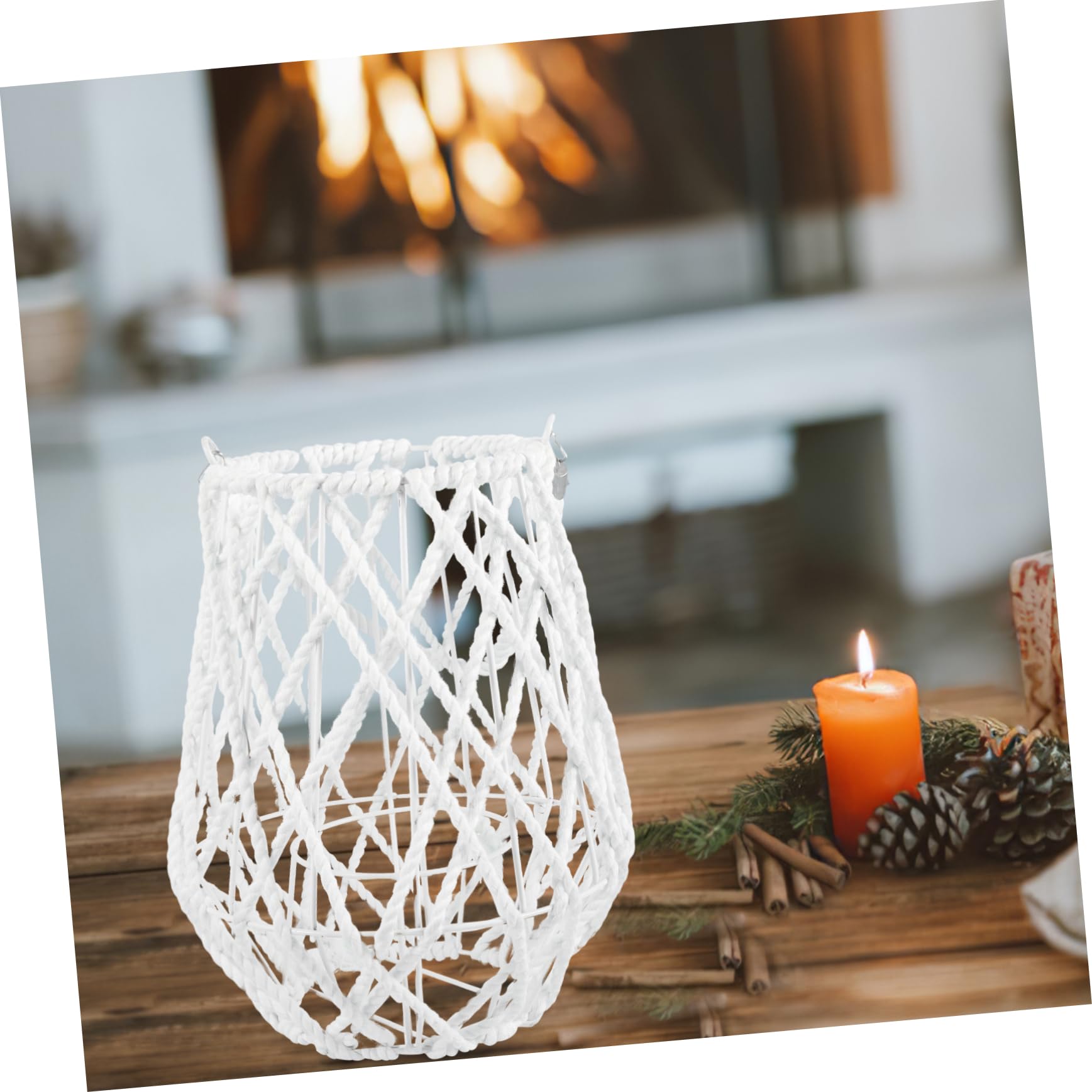 SHINEOFI Farol de Vela Tejido Blanco de Hierro y Hilo de Algodón, Candelabro Decorativo Geométrico para Decoración del Hogar y Jardín, Estilo Artístico