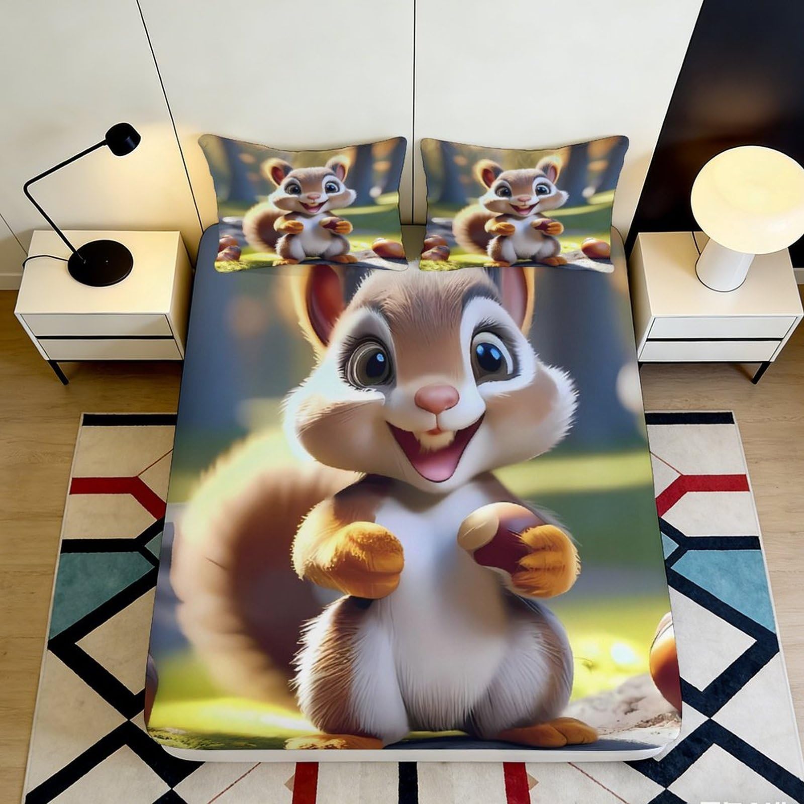 Uxinyoume Style-4 3D Printed Cartoon Squirrel Fitted Sheet Microfiber Soft Anti-Slip Forest Bed Cover For Bedroom Dorm Decorative 90X200x25cm