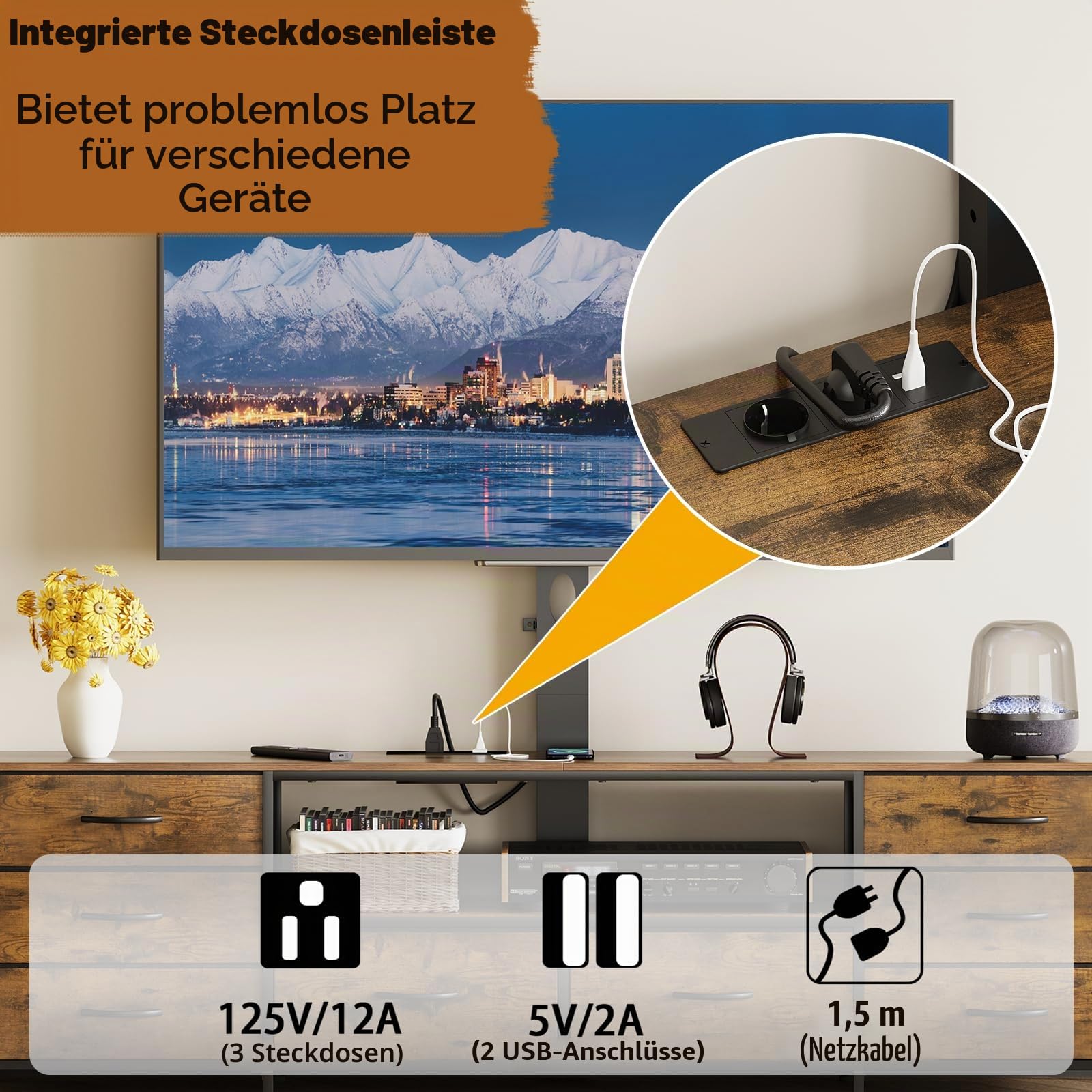 VEDECASA 180cm TV Lowboard mit TV Halterung, LED Beleuchtung & Steckdosenleiste, TV Schrank mit 8 Stoffschubladen und offenem Gerätefach, Industrial Fernsehtisch für 32–80 Zoll TVs, Braun