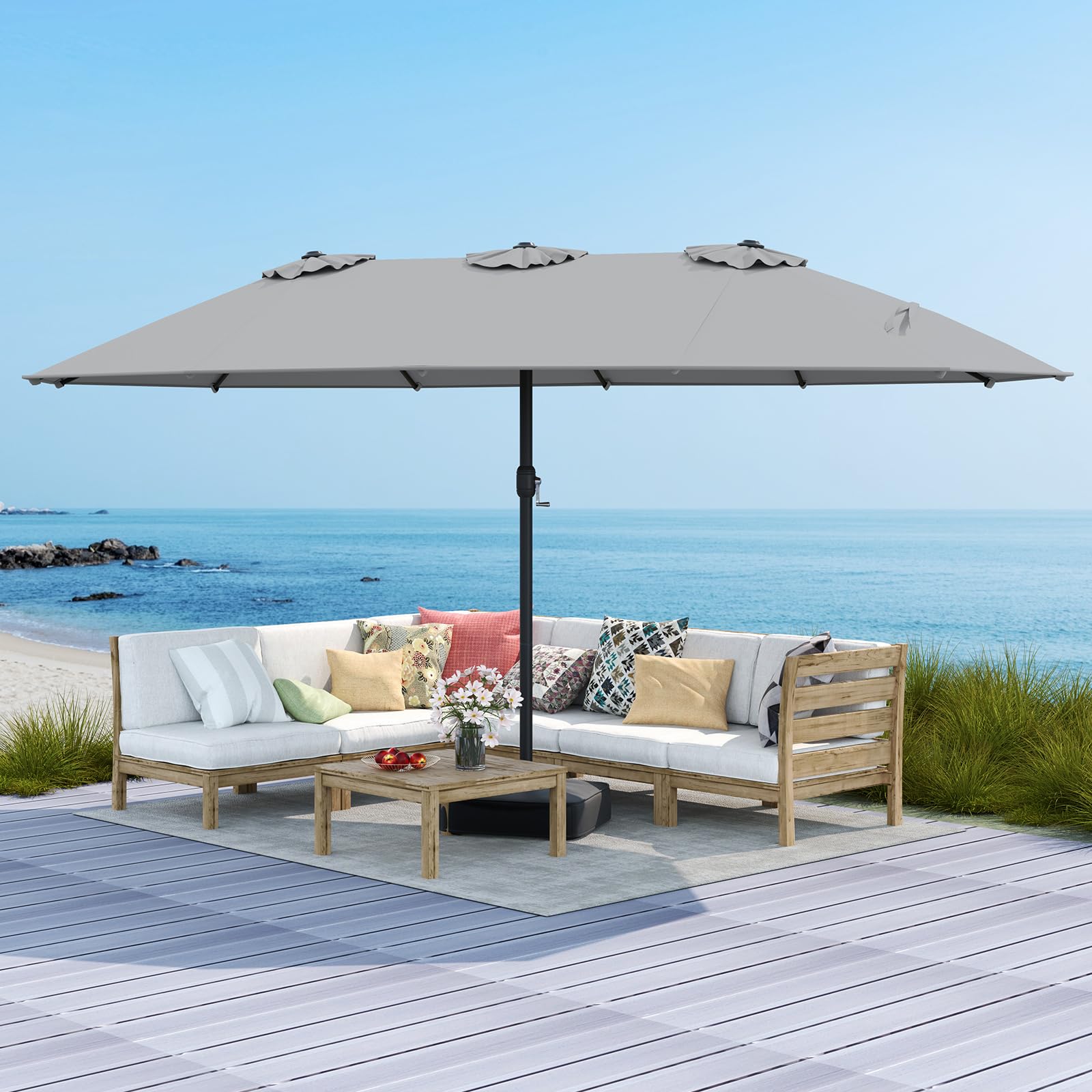COSTWAY Parasol de Jardin Extérieur XXL avec Pied, Double 4,5 m, 12 Baleines en Métal, 2 Sacs de Sable, Manivelle, Grand Parasol pour 6 Personnes, pour Terrasse, Jardin, Piscine (Gris)