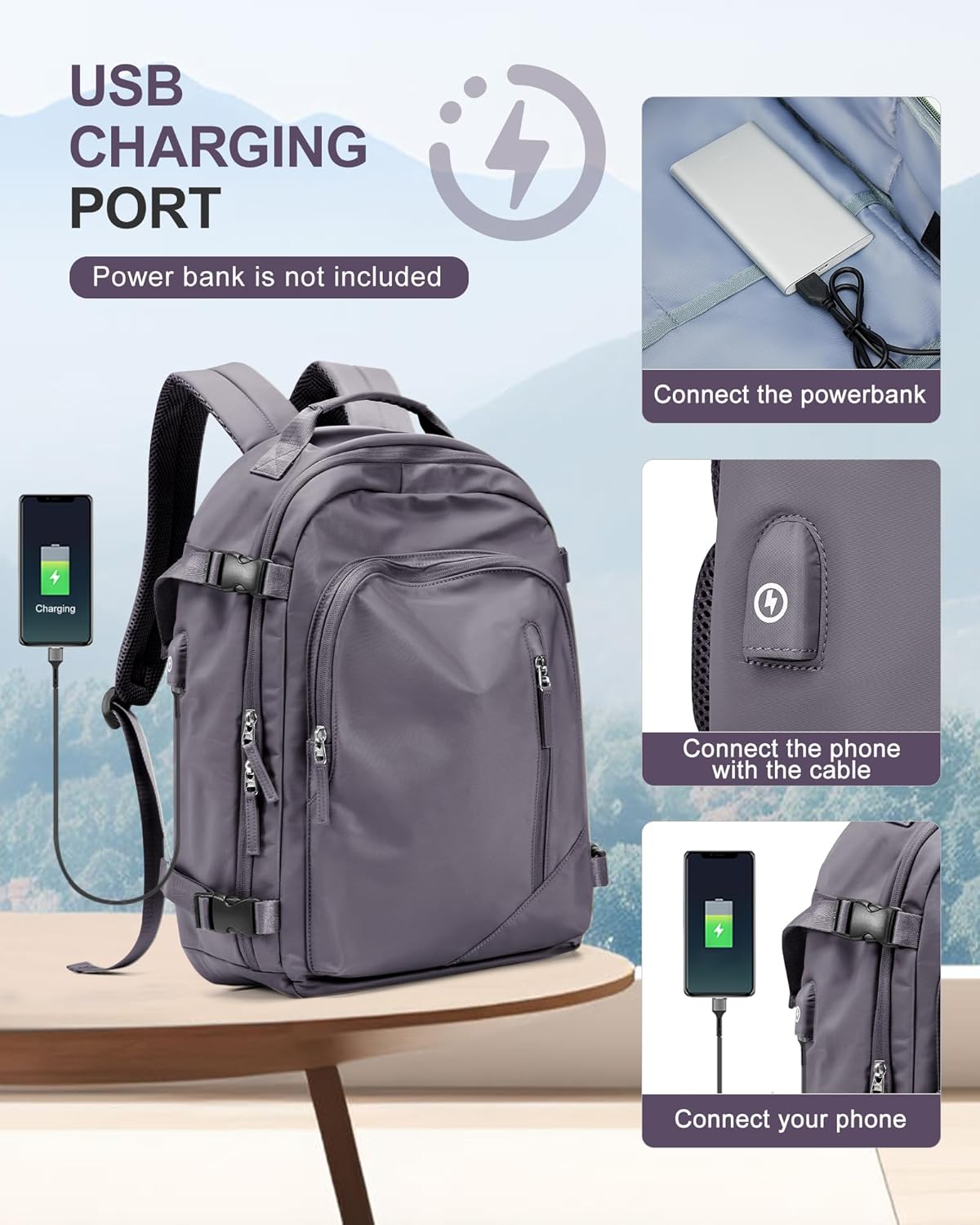 Travel Vacuum Backpack for Women Men, Vacuum Seal Compression bag with Electric Pump, Waterproof Carry On Suitcase Luggage Flight Approved Personal Item Bag with USB Charger, Purple - Image 7