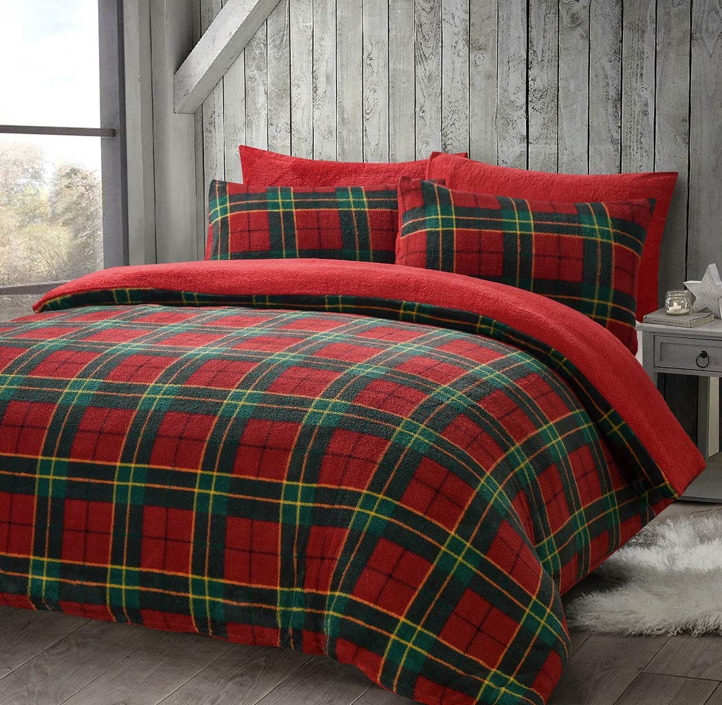 HOMES-LINEN Teddy Bear Fleece Tartan Check Duvet Cover Soft Cosy Warm Checked Teddy Bear Bedding Set (Red, Single)