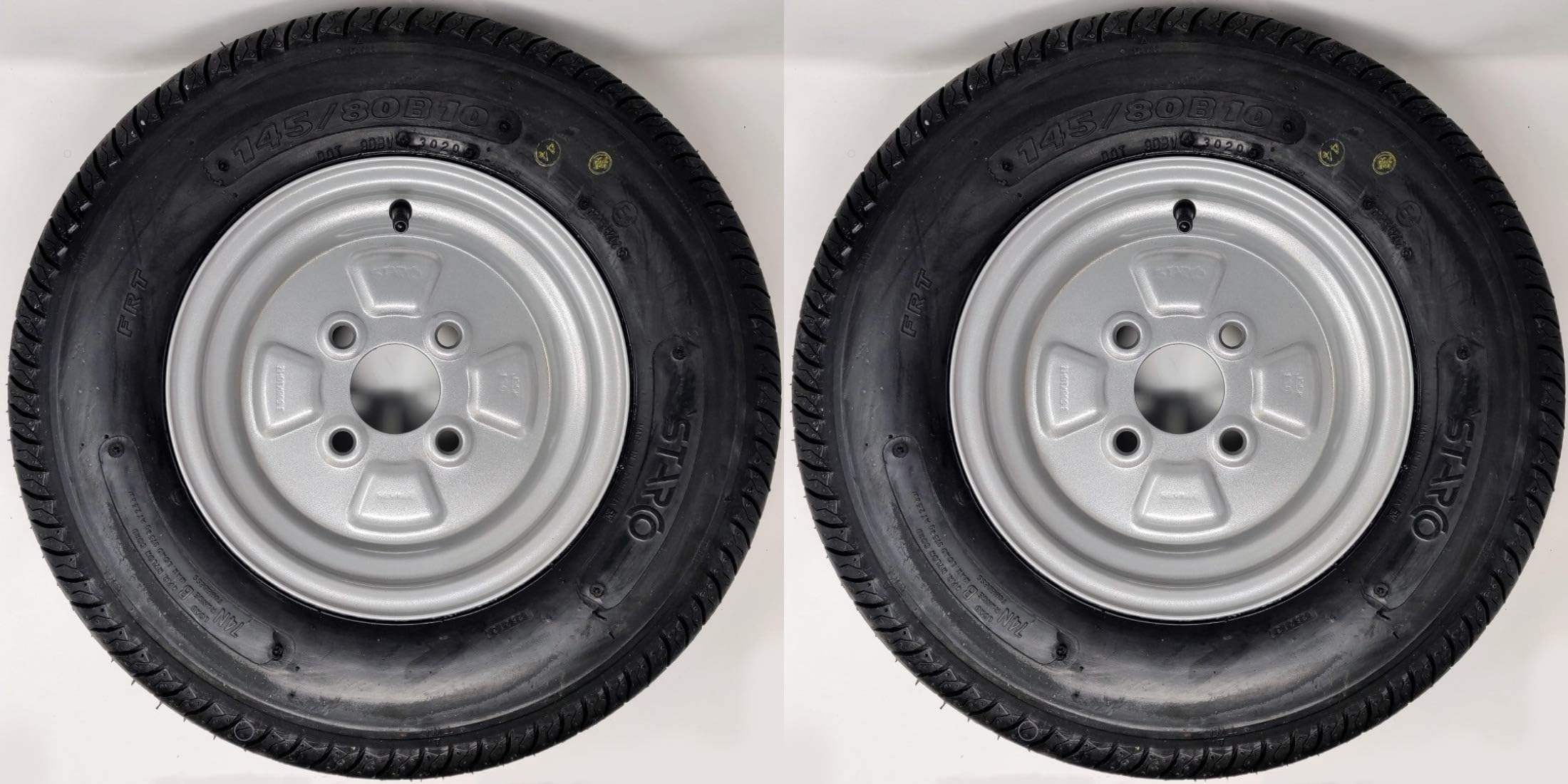 A pair of 400 / 4.00 x 8 inch trailer wheels and tyres with 4 ply tyre