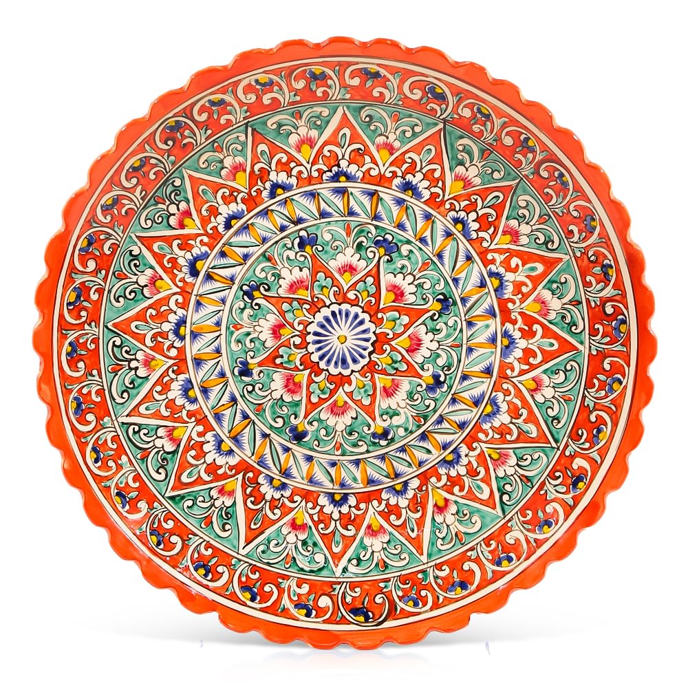 Orientalische Lagan Dekoplatte & Servierteller Rischtan Keramik - Usbekisch handbemalt, Boho Ляган Wandteller (42 cm)