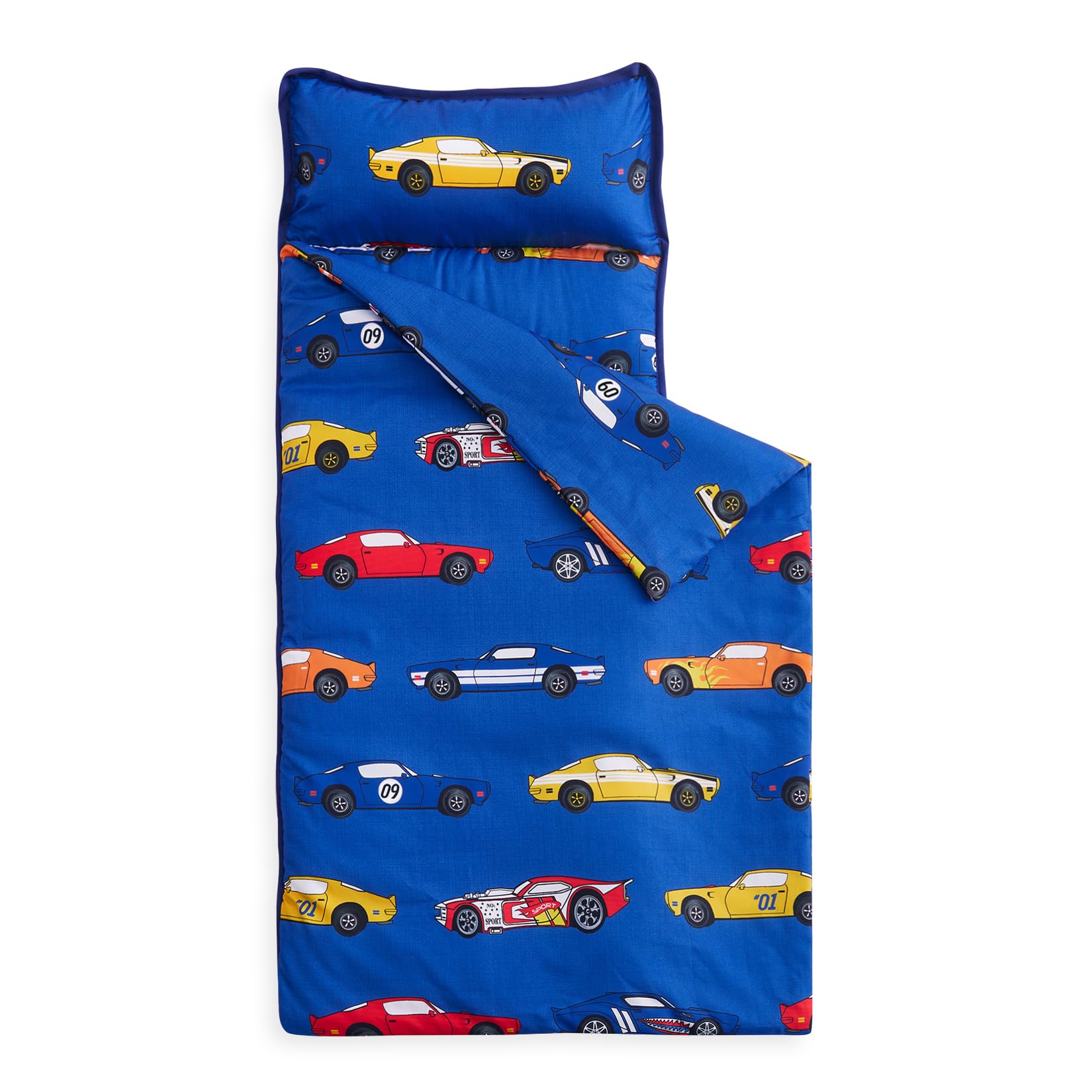 Wake In Cloud - Toddler Nap Mat with Pillow and Blanket, for Kids Boys Ages 3 Plus in Kindergarten Daycare Preschool, Roll Up Sleeping Bag, Race Cars Vehicles
