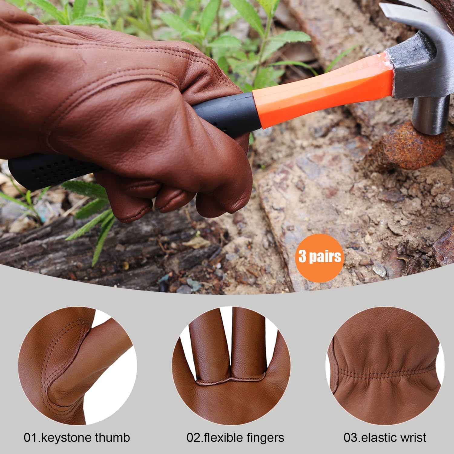 3 paires de grands gants de travail en cuir de vachette marron pour homme et femme, gants de travail en cuir de construction anti-épines, gants de travail de jardin, atelier