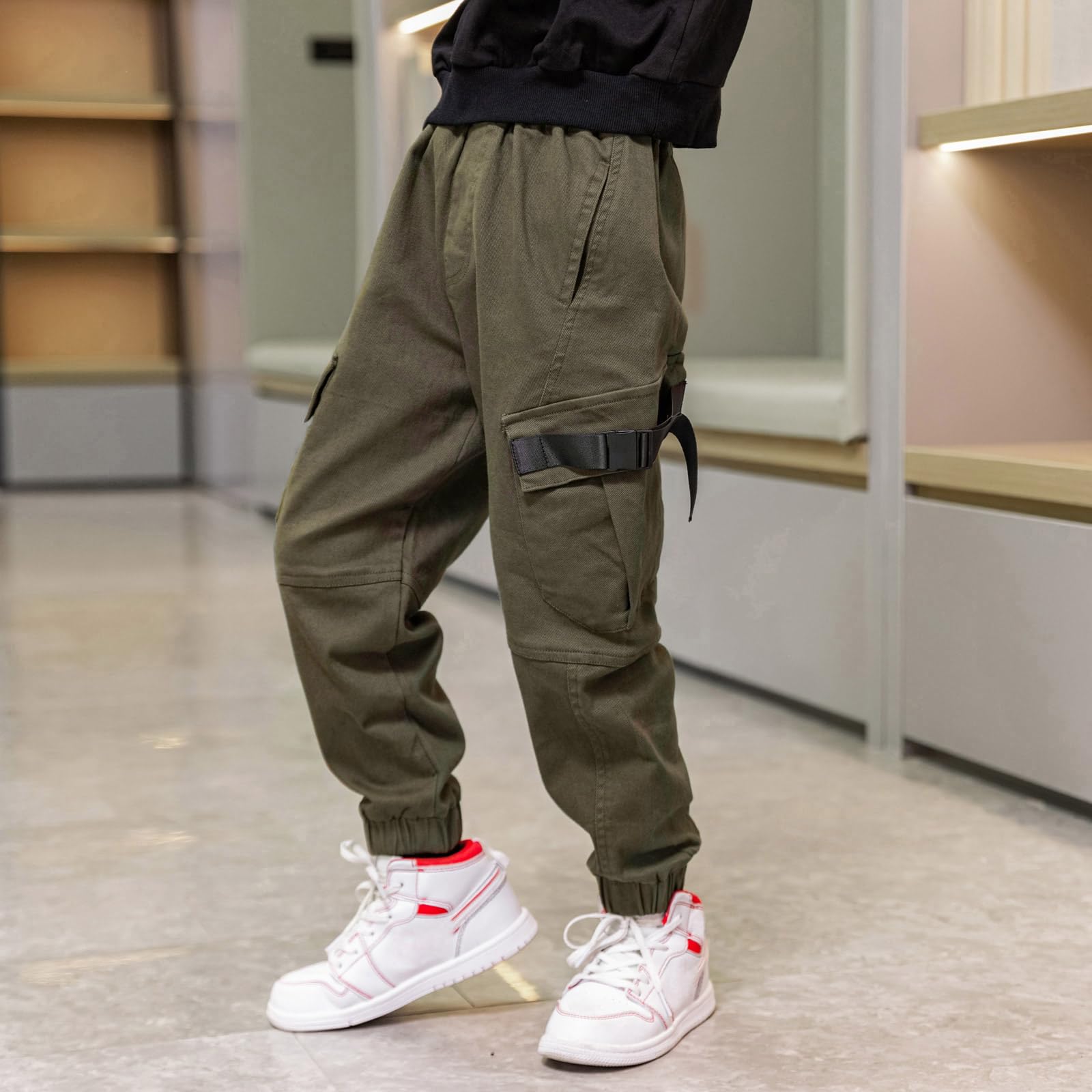 MEILONGER Pantalones Cargo de algodón para niños Estilo Casual Cintura elástica para Senderismo Uniforme Escolar Pantalones Deportivos Joggers
