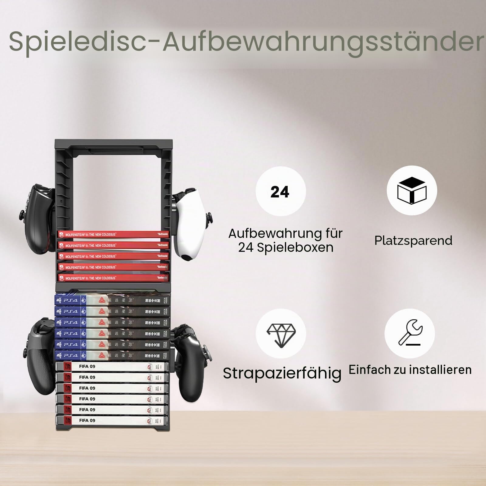Videospiel-Aufbewahrungsturm, Spielehalterung für PS5, 24 Spiele-Discs, ABS, mit 4 Controller-Halterungen, Videospielständer für PS5/PS4/Xbox Series X/Xbox One/N