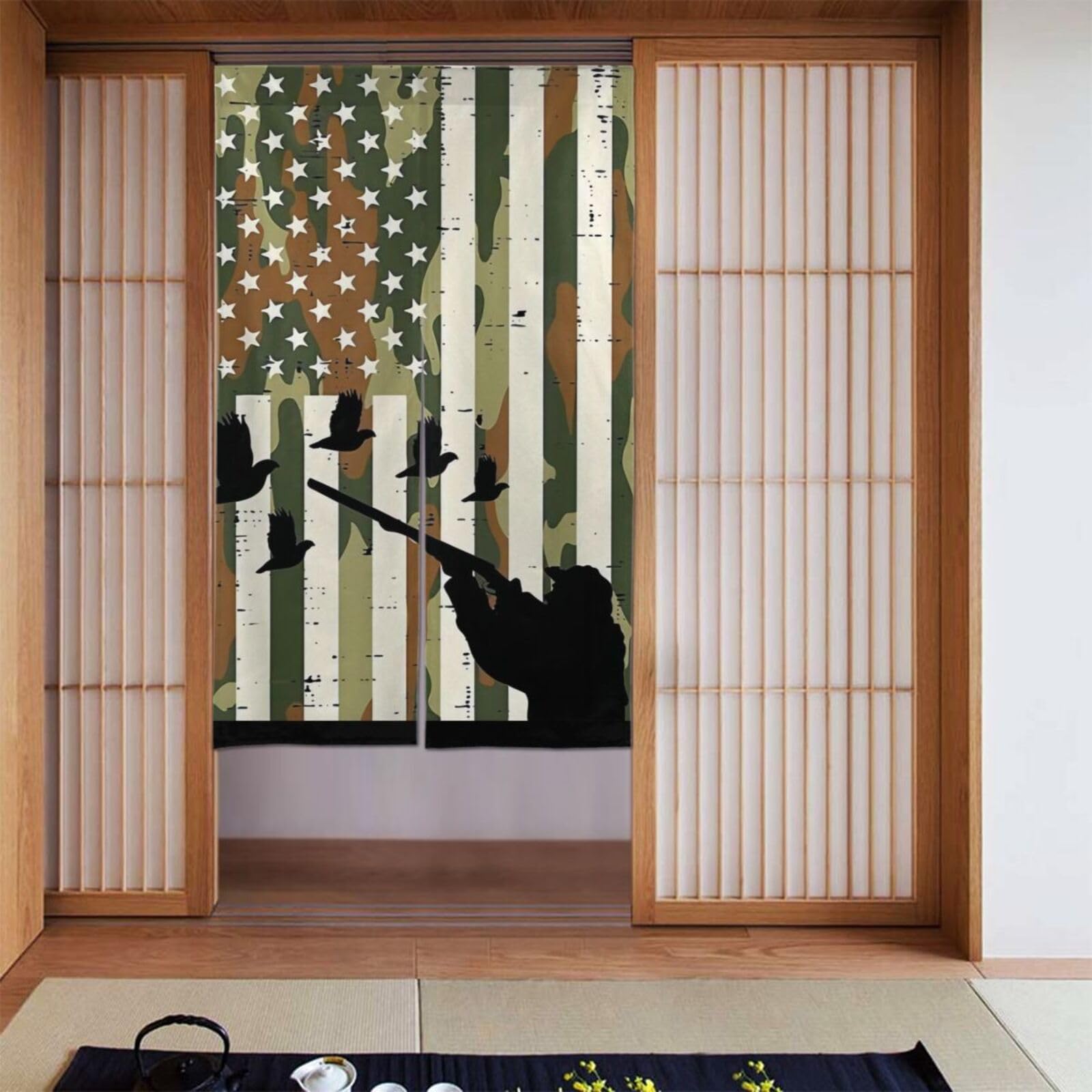 Lukiyys Camo US Flag Quail Pheasant Hunting Upland Hunt Patriotic Graphic Door Curtains,Doorways Curtains for Windows,Bedroom Divider 34"X 56"