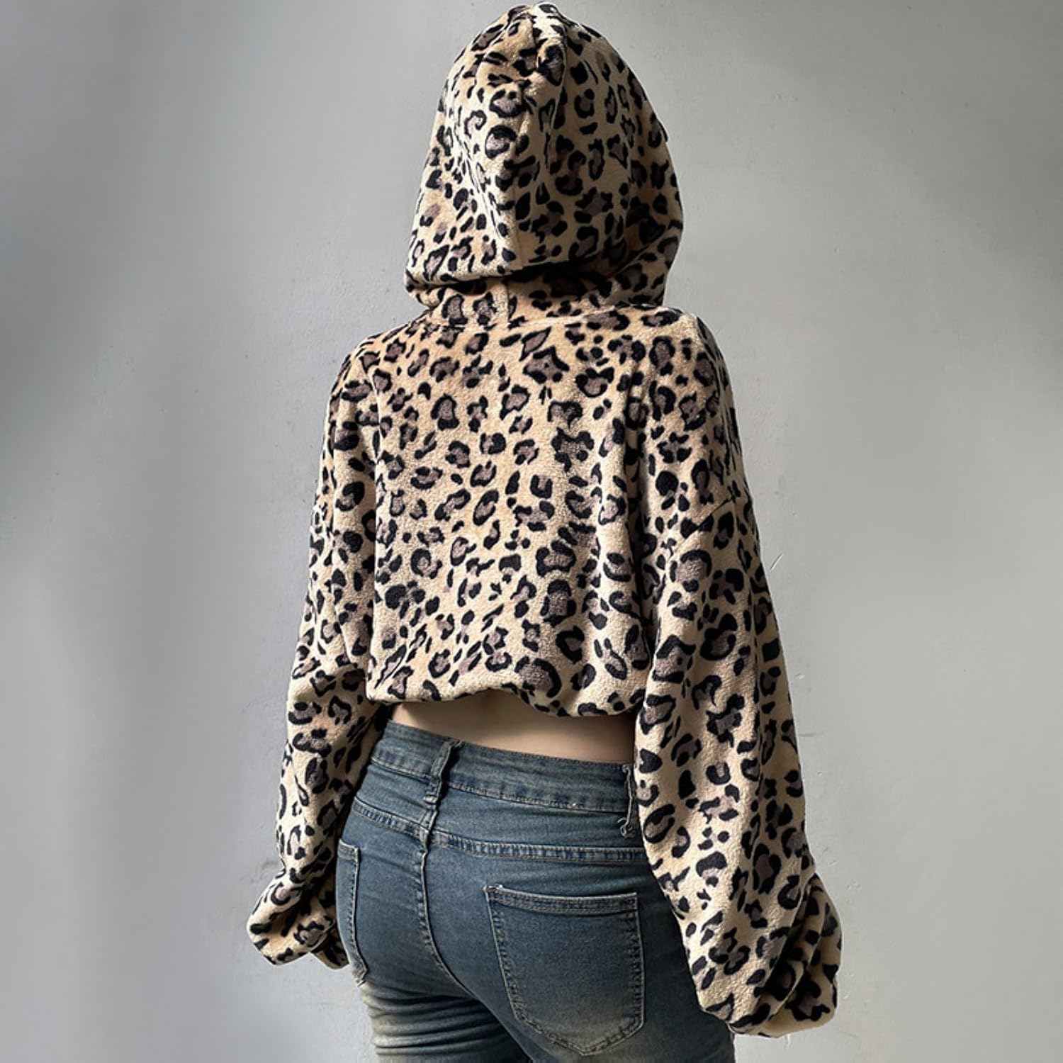 Women Fuzzy Leopard Print Jacket Hooded Cardigan Long Sleeve Cropped Fashion Outerwear Sexy Y2k Coat