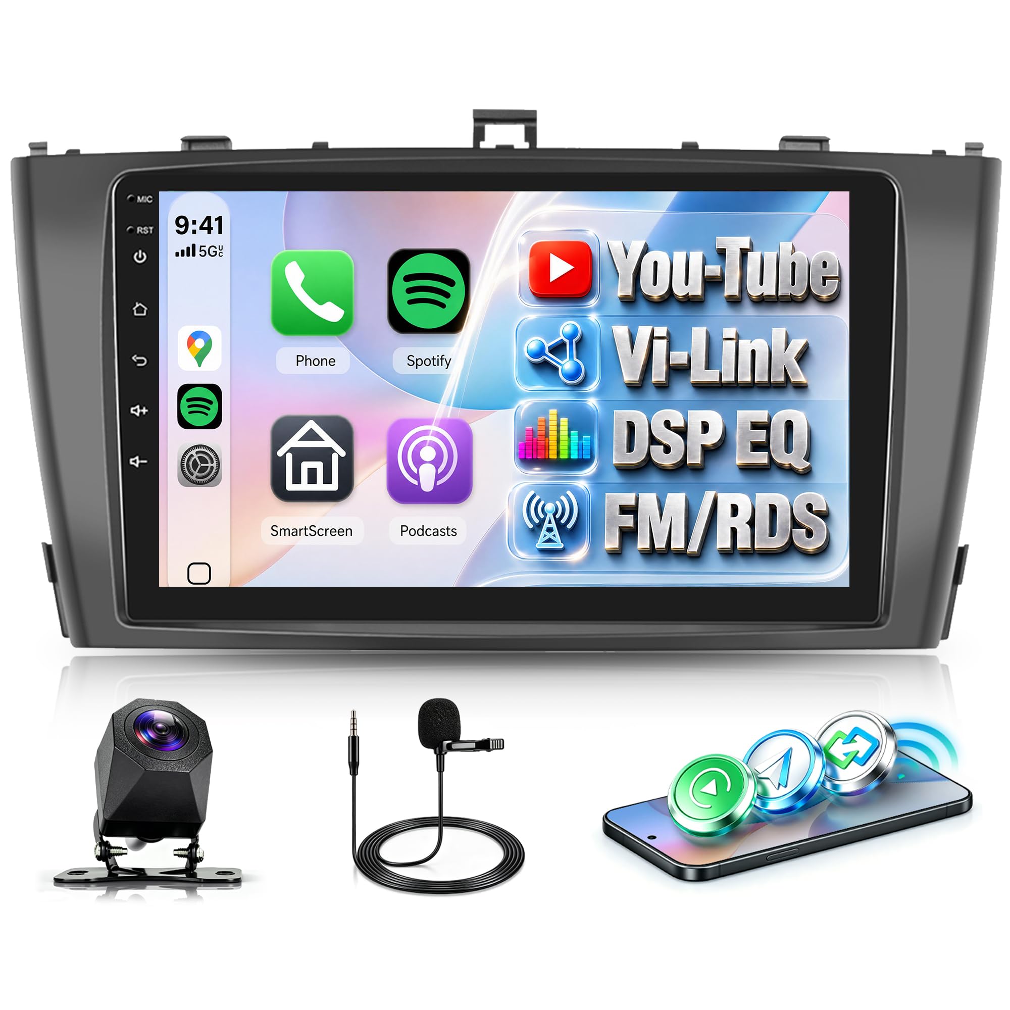 Rimoody Radio de Coche para Toyota Avensis T27 2008-2015 Inalámbrico Carplay Android Auto You-Tube Vi-Link Bluetooth FM/RDS DSP EQ, 9 Pulgadas Pantalla Táctil Radio Mirror Link USB SWC Cámara Trasera